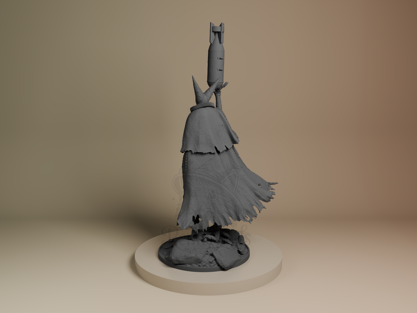 Back-left angle showing cloak texture, shell runes, and layered armor panels.