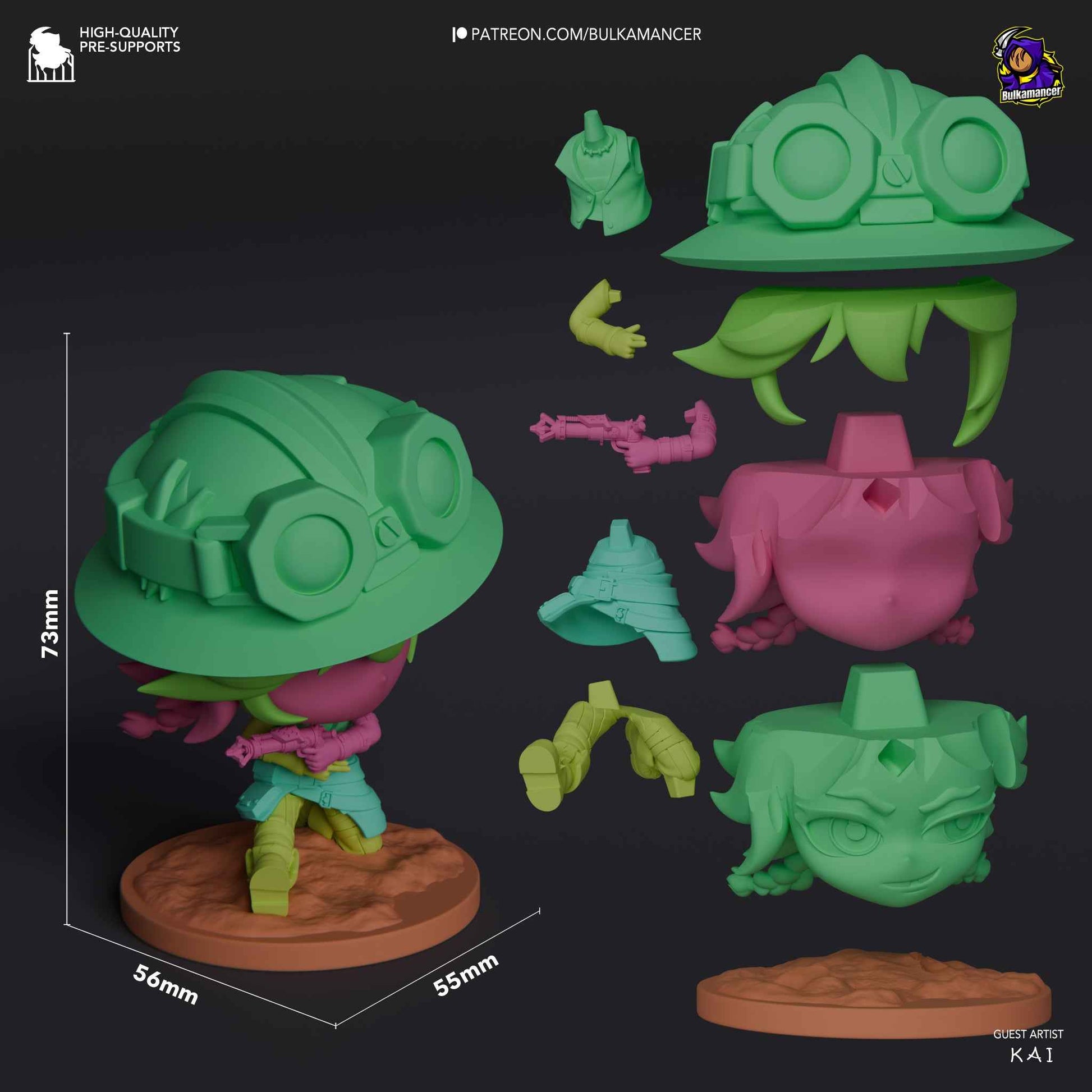 Parts and size reference image showing model layout and base components.