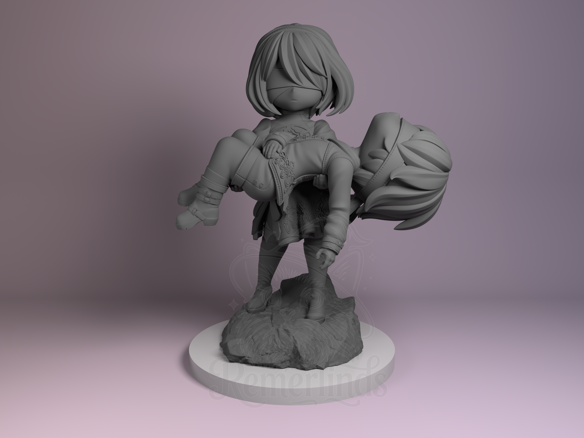 2B and 9S Nier Automata 3D printed resin chibi figurine by Nomnom Figures, unpainted front view showing emotional carry pose.