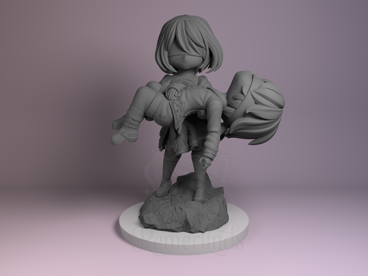 2B and 9S Nier Automata 3D printed resin chibi figurine by Nomnom Figures, unpainted front view showing emotional carry pose.