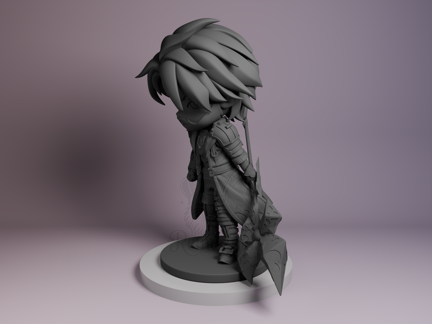 Left side angle showing layered outfit texture and hammer resting pose.