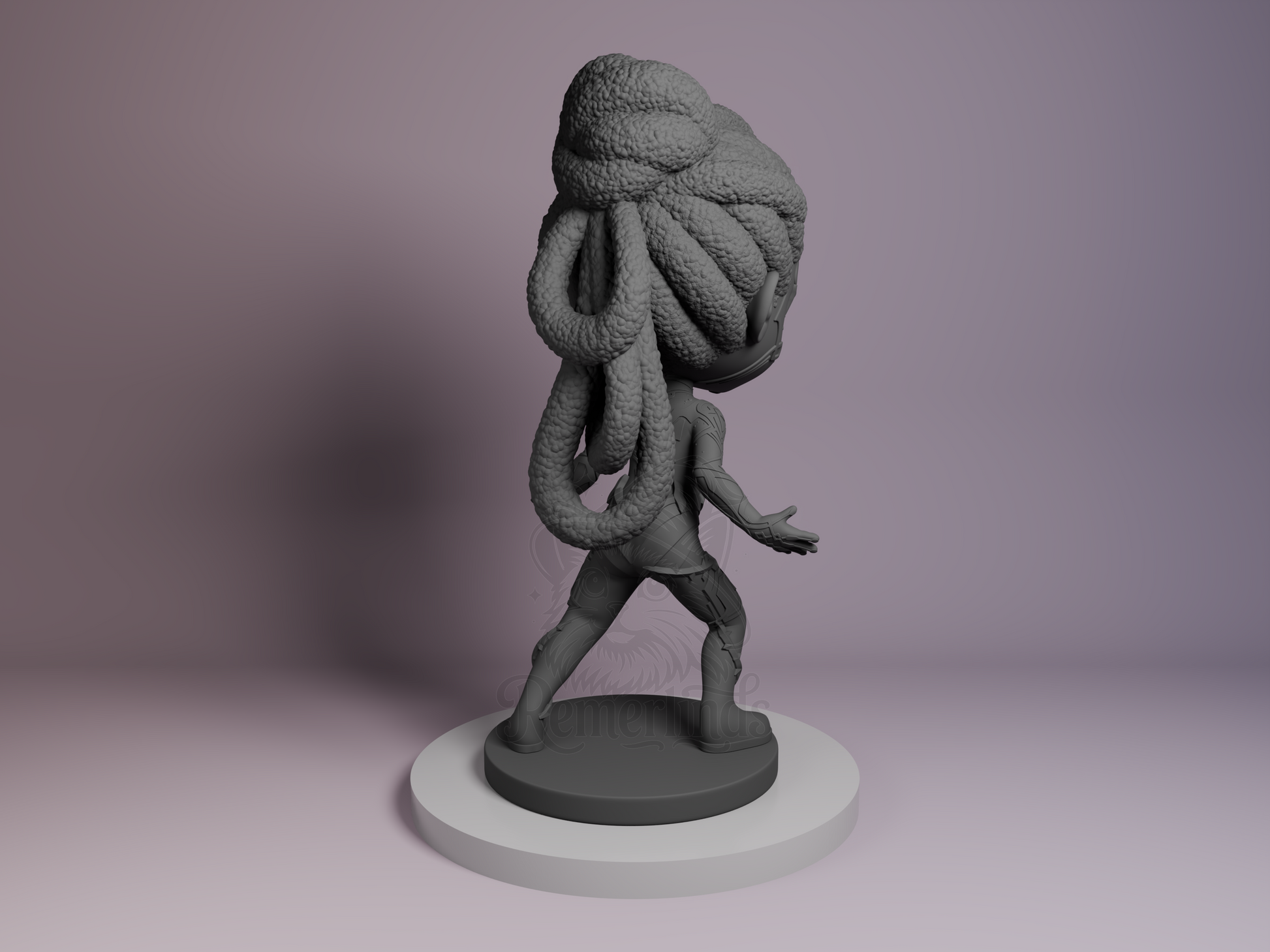 Rear view showing braided hair pattern, cape folds, and circular base texture.