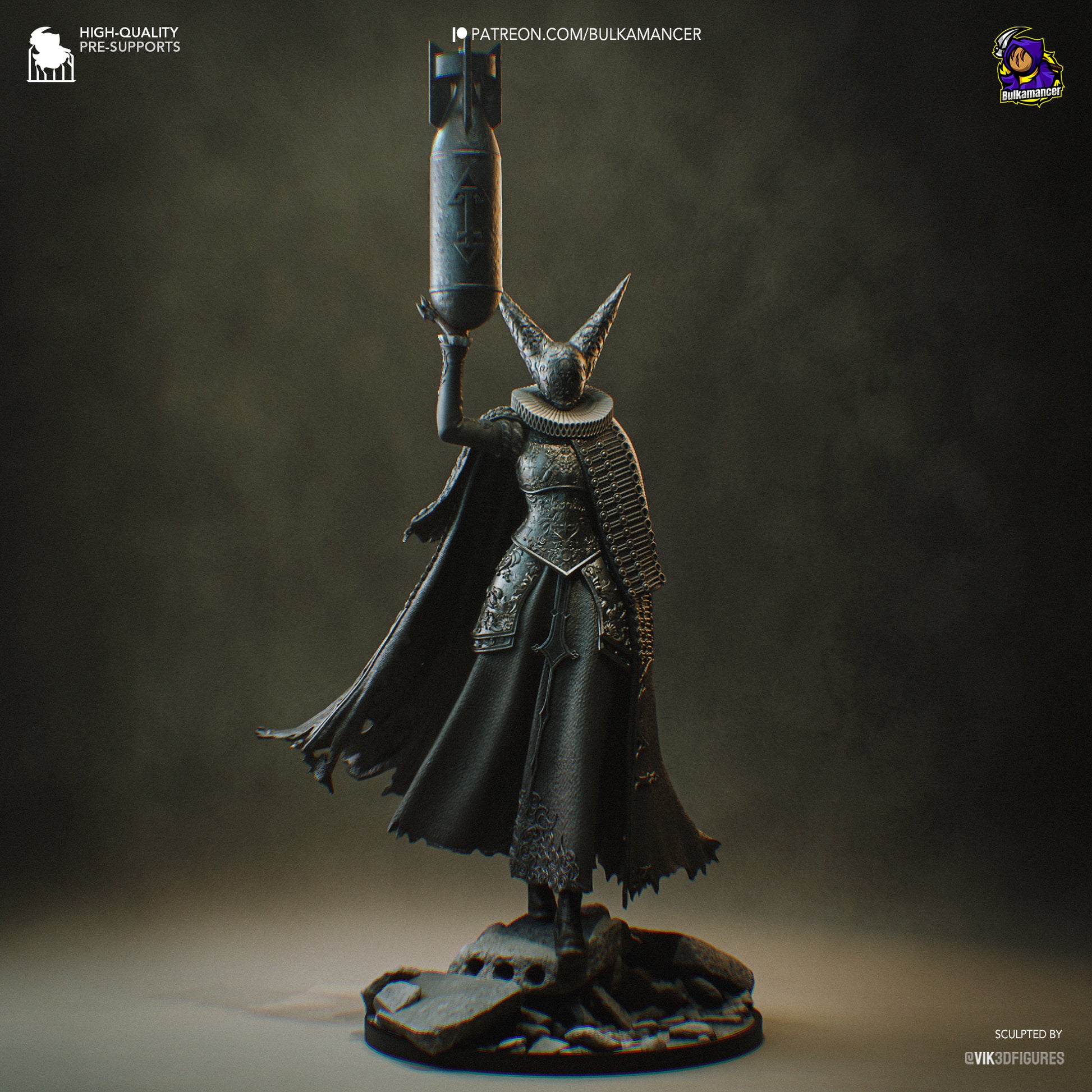 Fully painted sample of Artillery Witch by Bulkamancer, showing detailed metallic armor and glowing artillery shell for display.