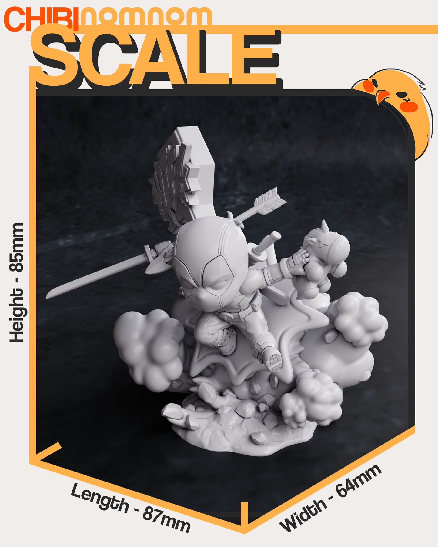 Parts and size reference image showing figure, weapon parts, and smoke base.