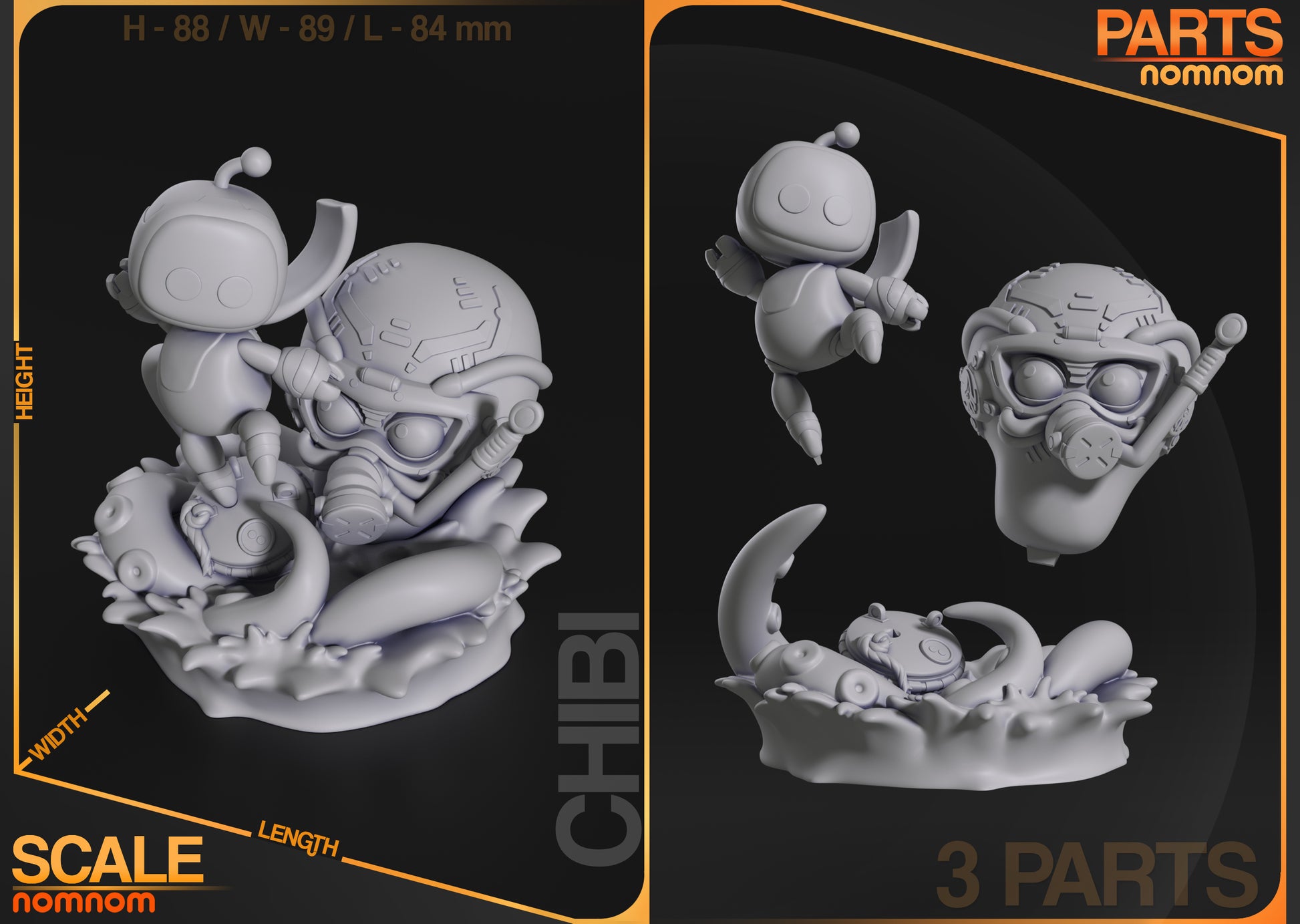Parts and size reference image showing layout of smaller and larger robot figures with base.
