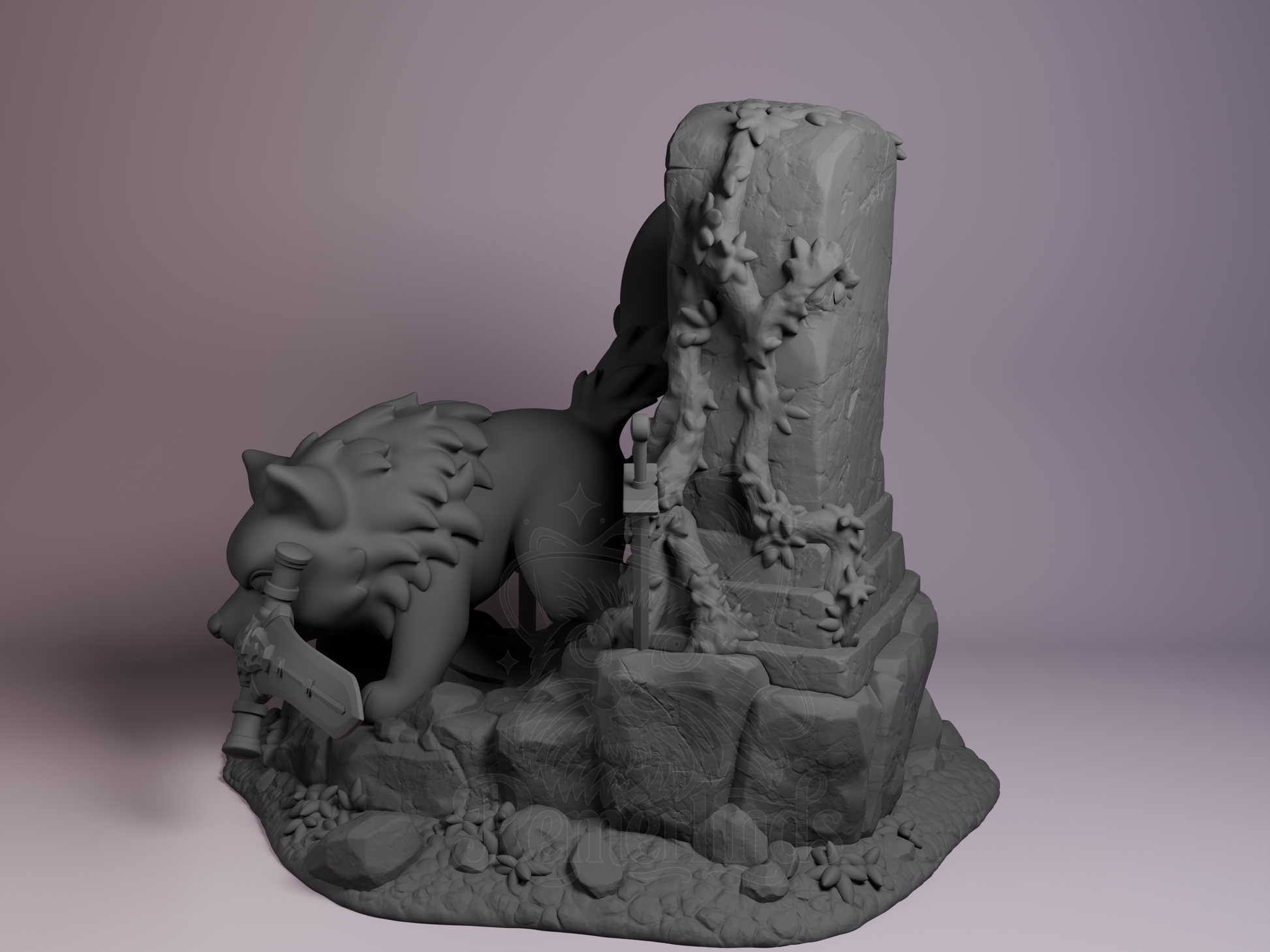 Left side view emphasizing Sif’s head sculpt and monument carvings.