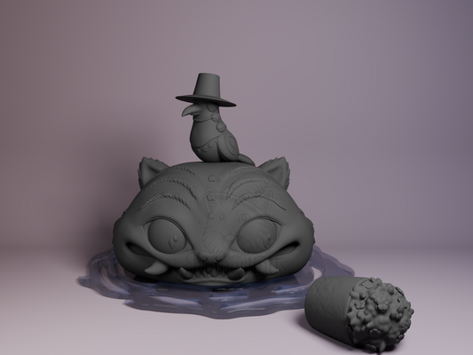 Derpy Tiger KPop Demon Hunters 3D printed resin Chibi by Nomnom Figures, unpainted front view showing tiger emerging from portal with bird on head.