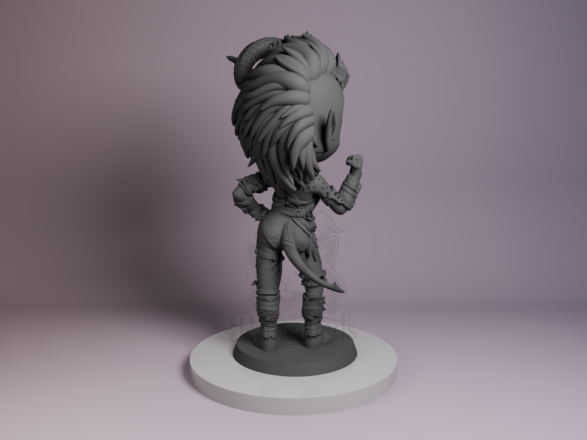 Rear view showing back armor details, horn shapes, and base design.