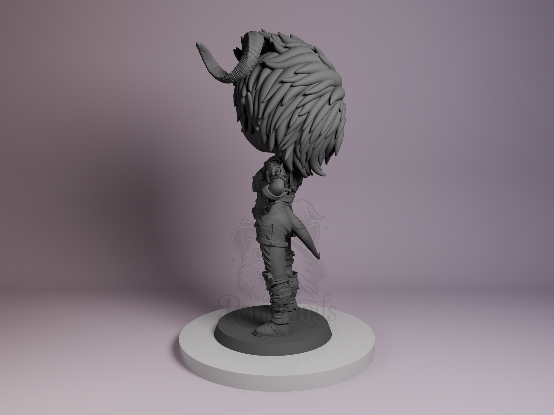 Back-left angle highlighting flowing hair strands, horn curve, and armor texture.