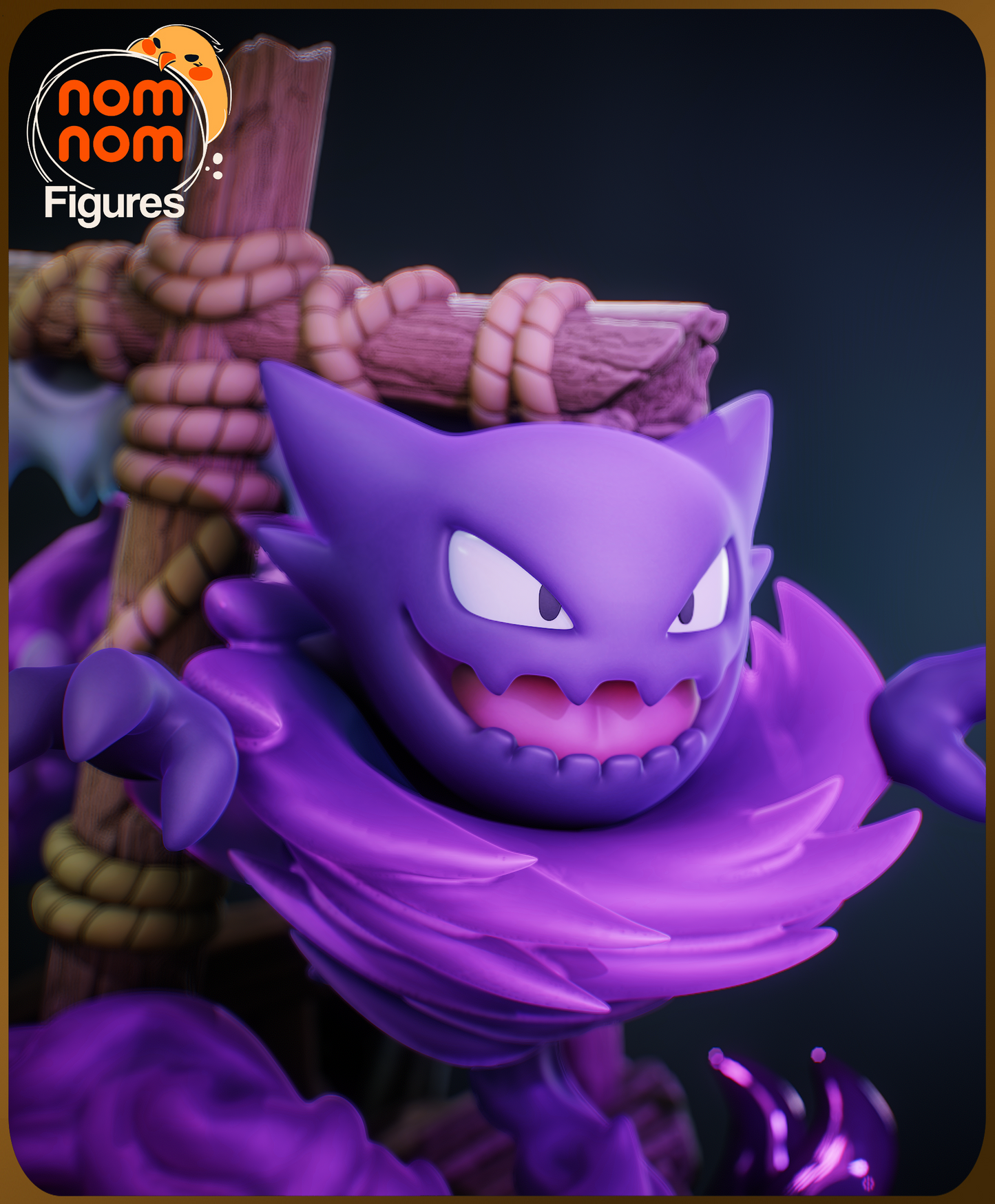 Haunter from Pokémon diorama by Nomnom Figures, fully painted close-up showing floating pose, sharp grin, and layered purple aura around wooden support beam.