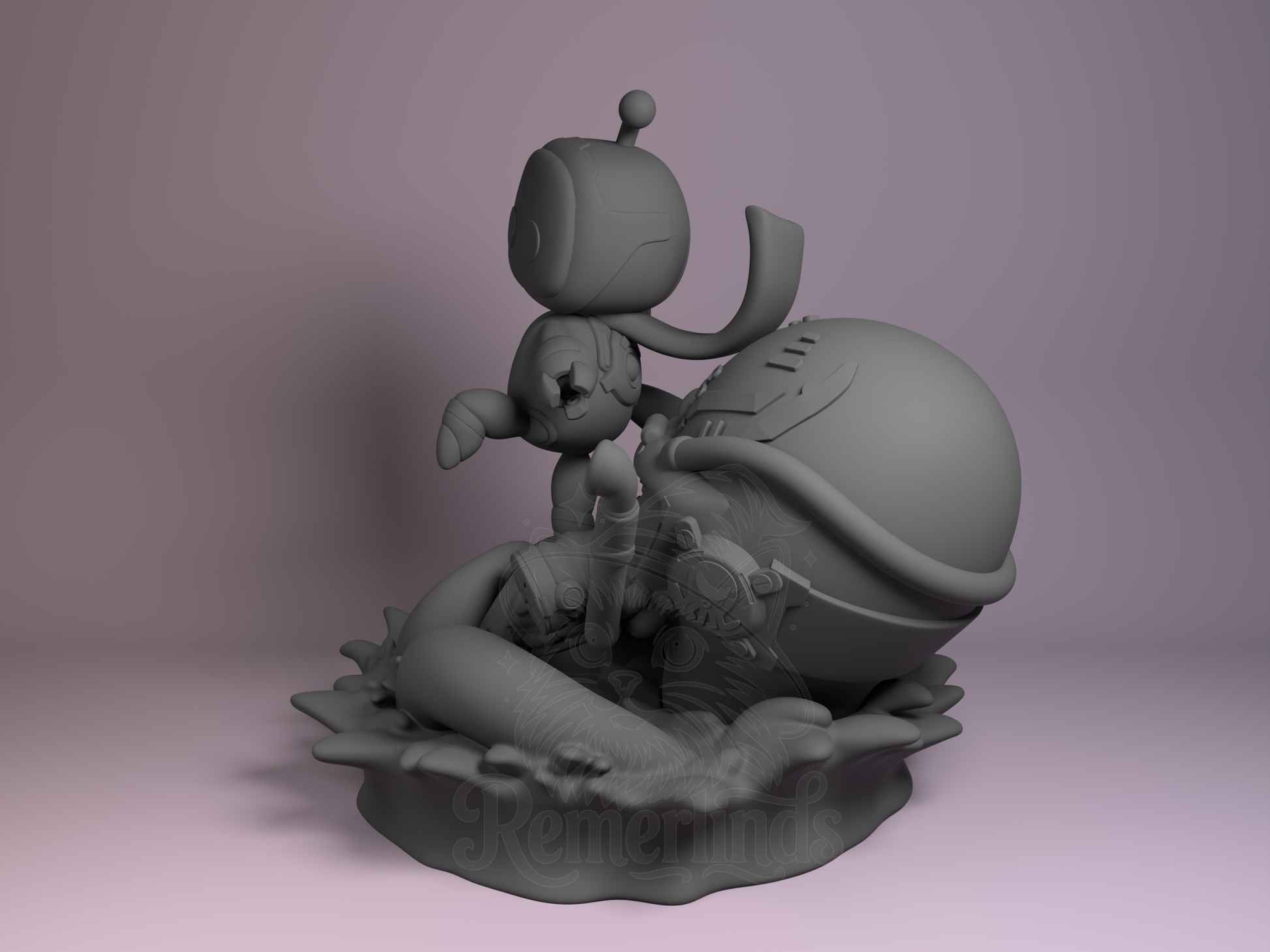 Left side view emphasizing companion robot’s helmet and pose.