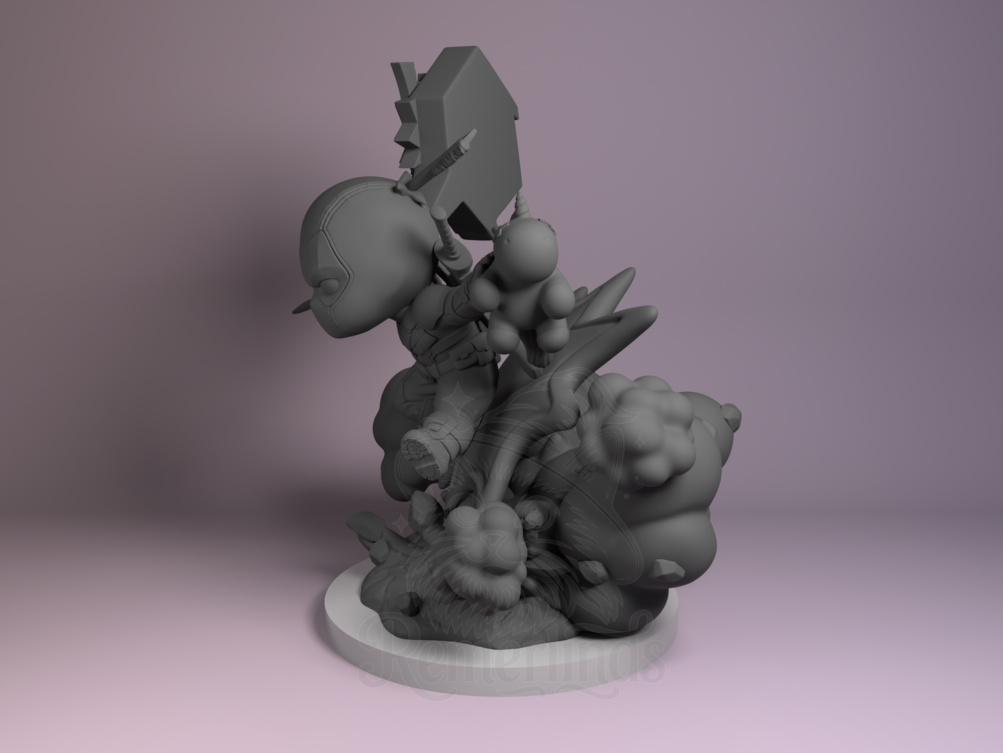 Left side view emphasizing mallet and plush toy in hand.