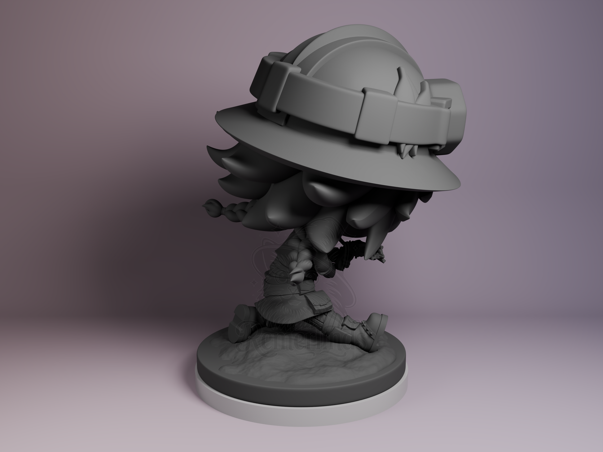 Rear view showing coat texture, backpack straps, and rounded base sculpt.