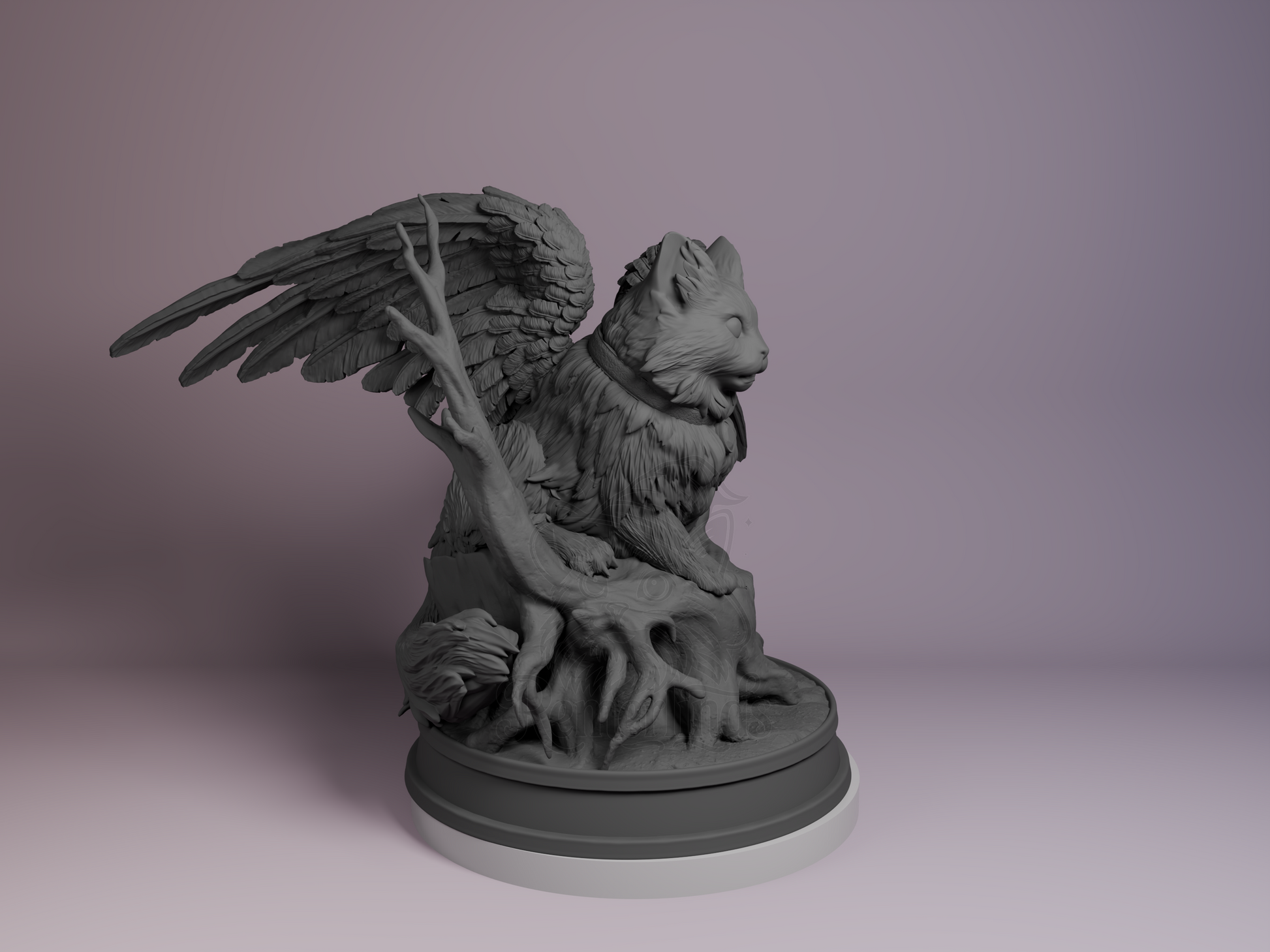 Right side angle showing detailed wing structure, feline posture, and pendant detail.