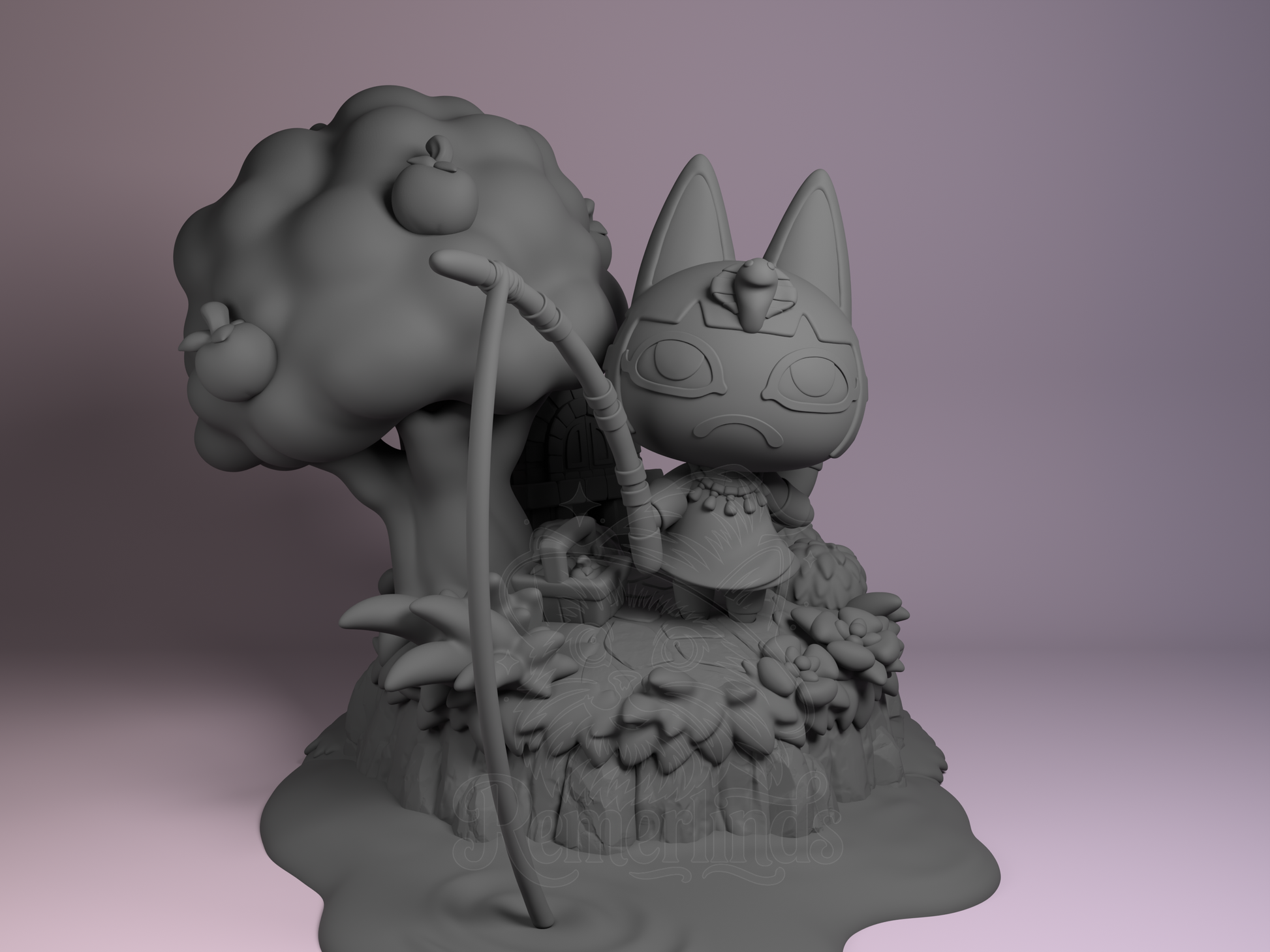 Ankha Animal Crossing 3D printed resin Chibi by Nomnom Figures, unpainted front view showing fishing pose and tree base.
