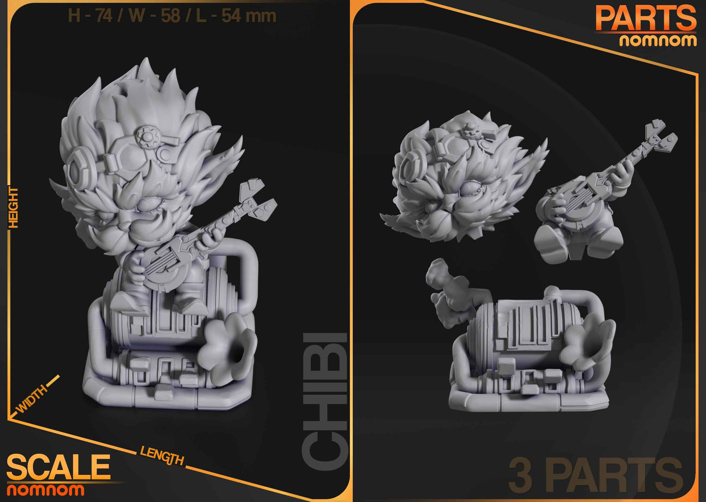 Parts and size reference image showing layout of figure, base, and steampunk components.
