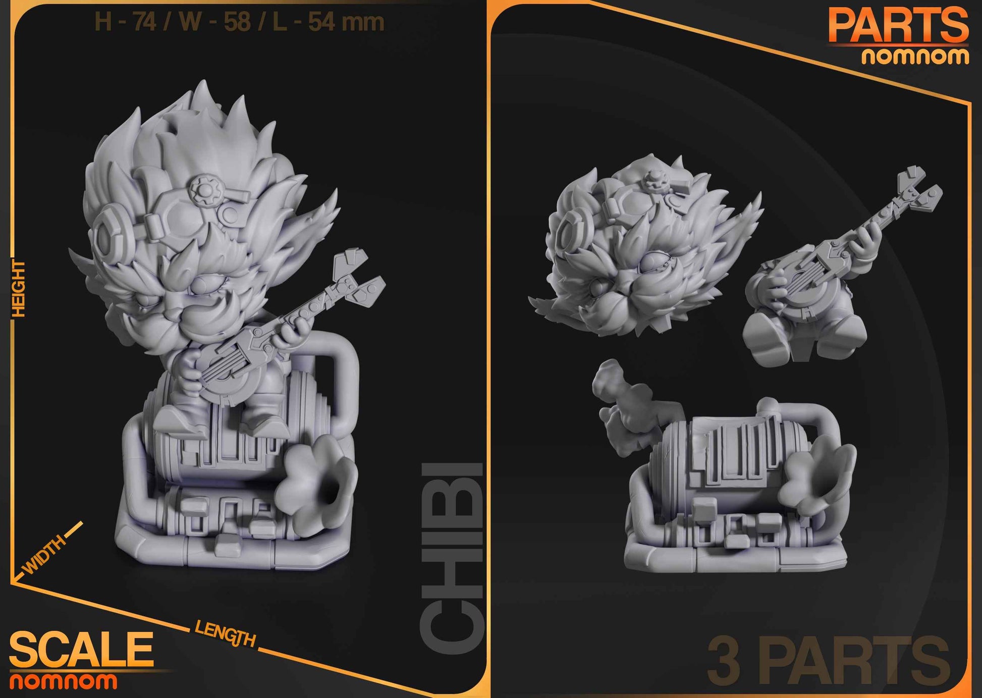 Parts and size reference image showing layout of figure, base, and steampunk components.