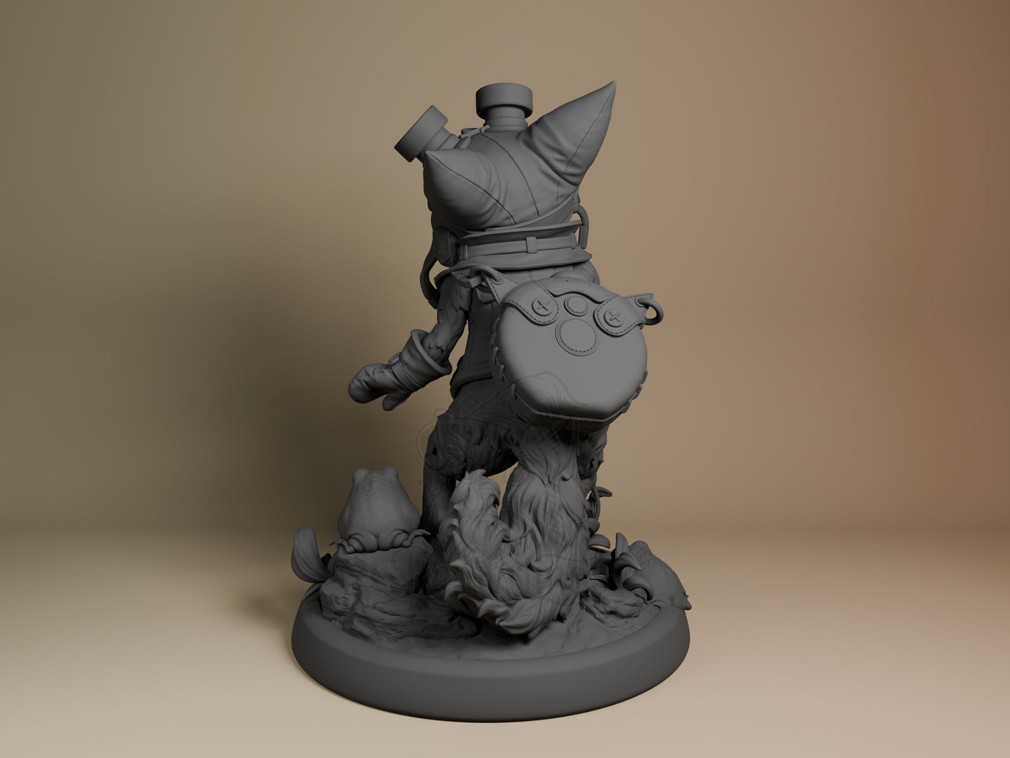 Back-left angle highlighting tail curve, backpack details, and layered fur texture.