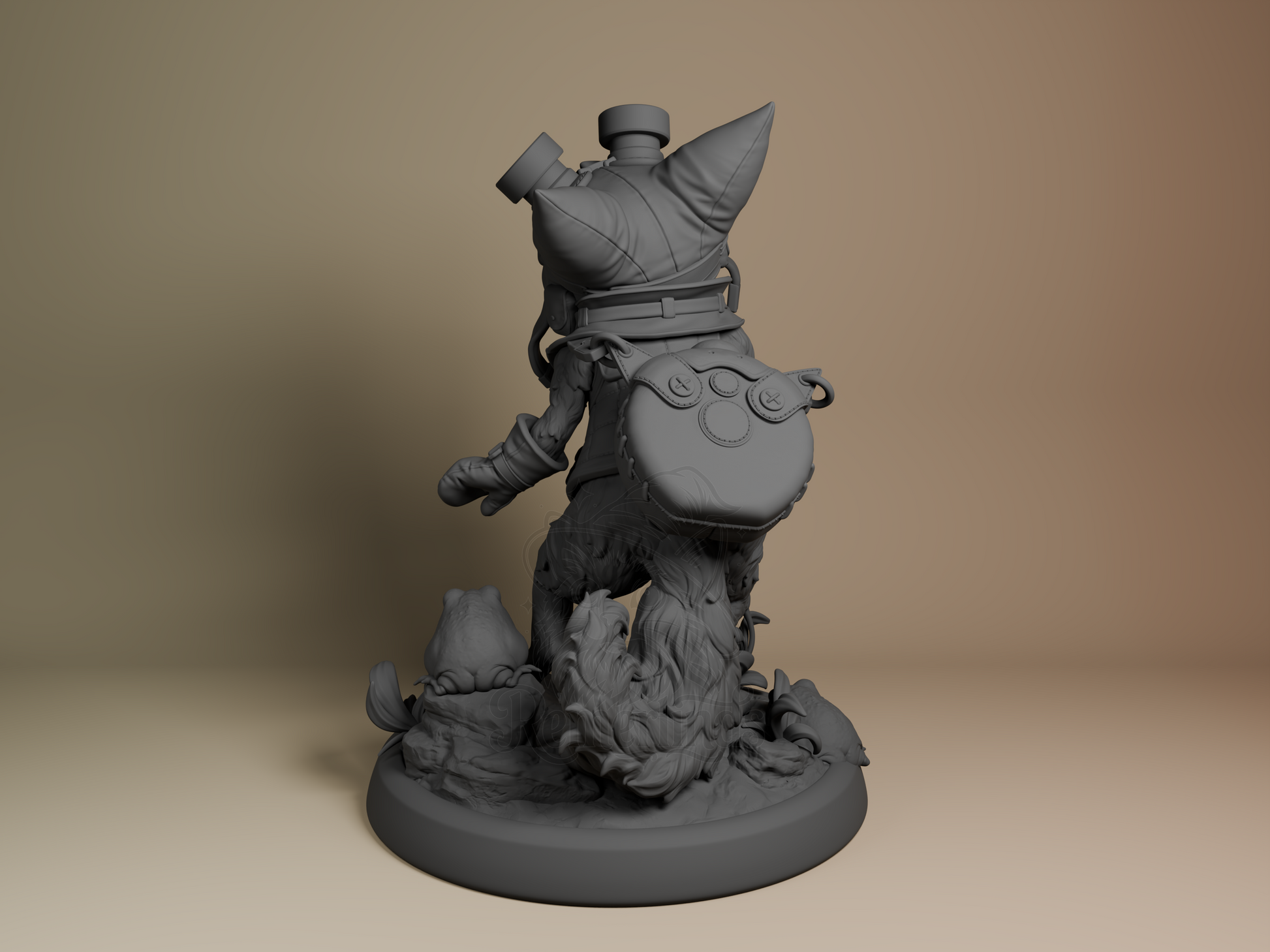 Back-left angle highlighting tail curve, backpack details, and layered fur texture.