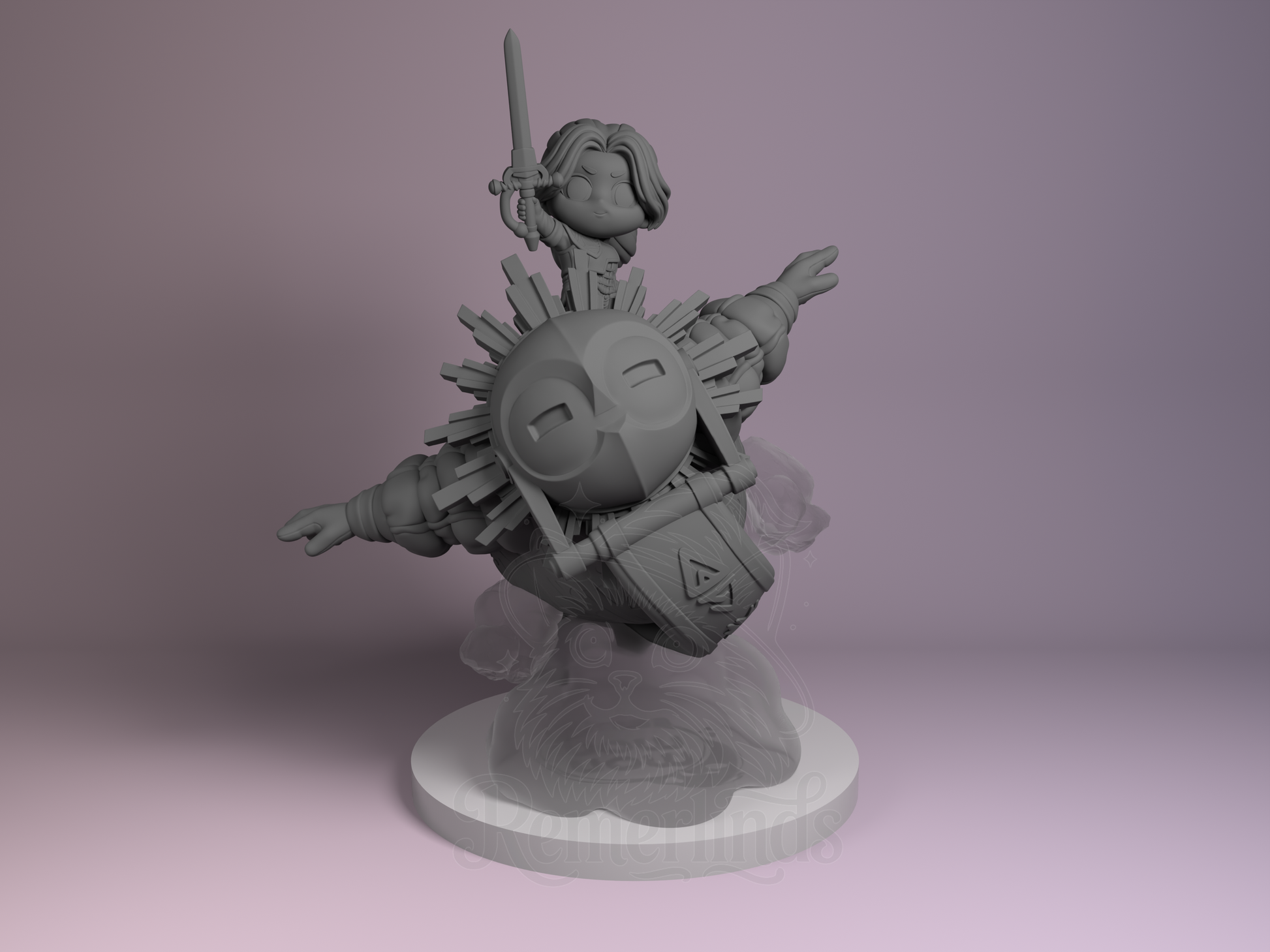 Esquie and Maelle Expedition 33 3D printed resin Chibi by Nomnom Figures, unpainted front view showing characters flying with sword and cloud base.