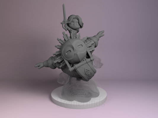 Esquie and Maelle Expedition 33 3D printed resin Chibi by Nomnom Figures, unpainted front view showing characters flying with sword and cloud base.