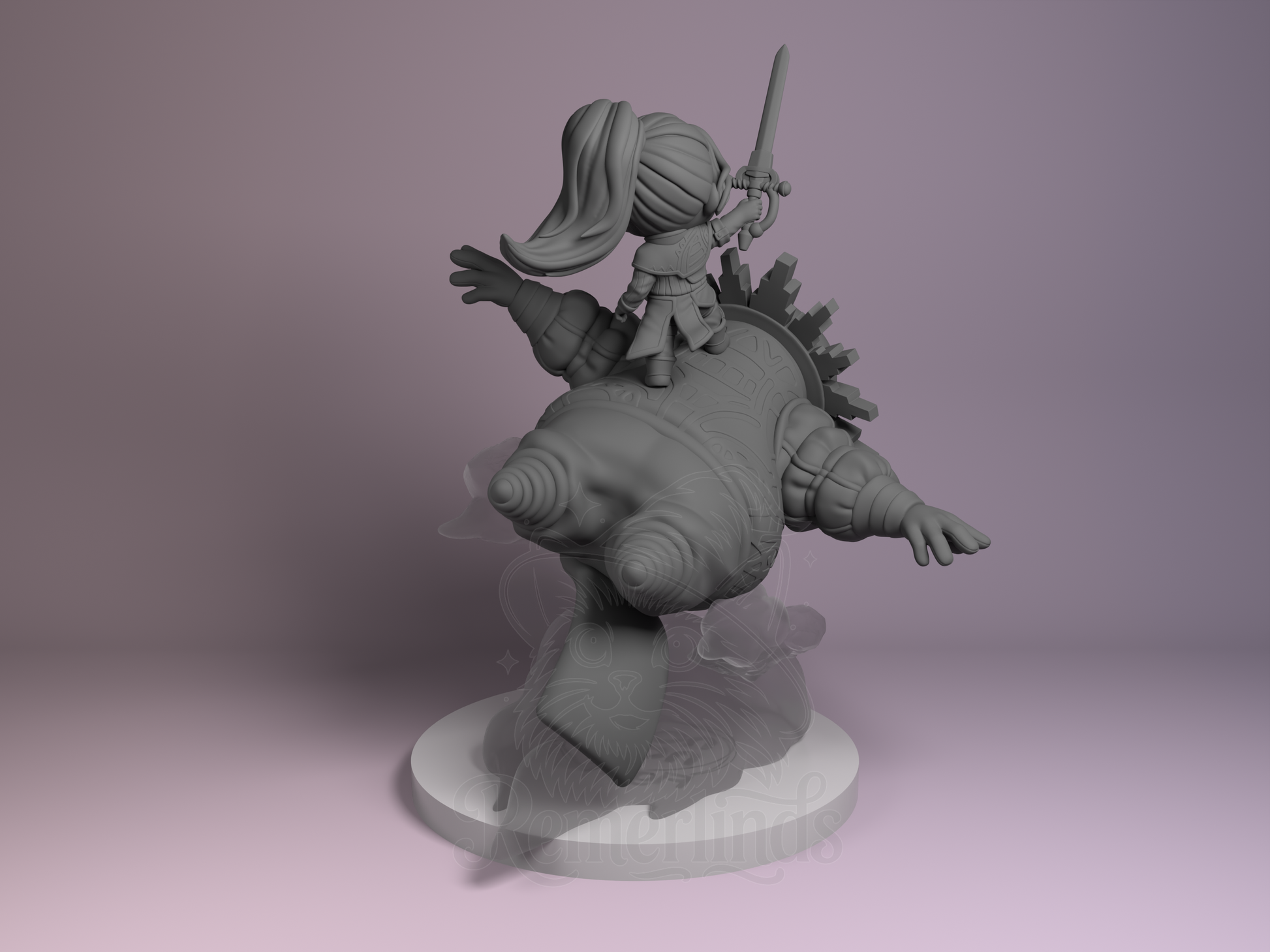 Rear view showing dynamic pose, wings, and sculpted flow details.