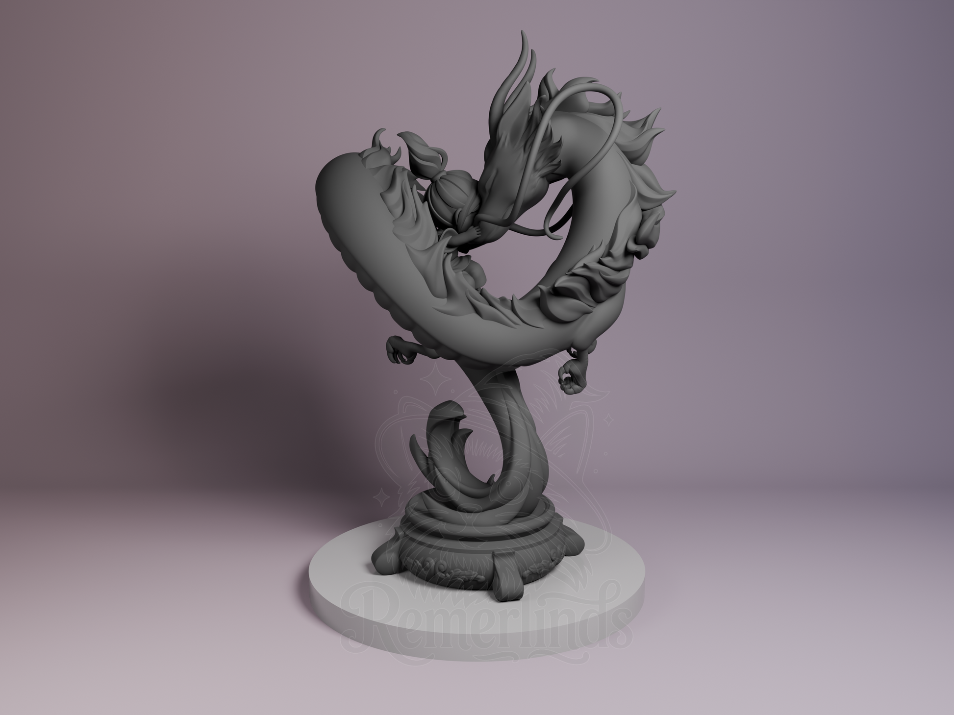 Rear view showing full dragon loop and hair sculpt detail.