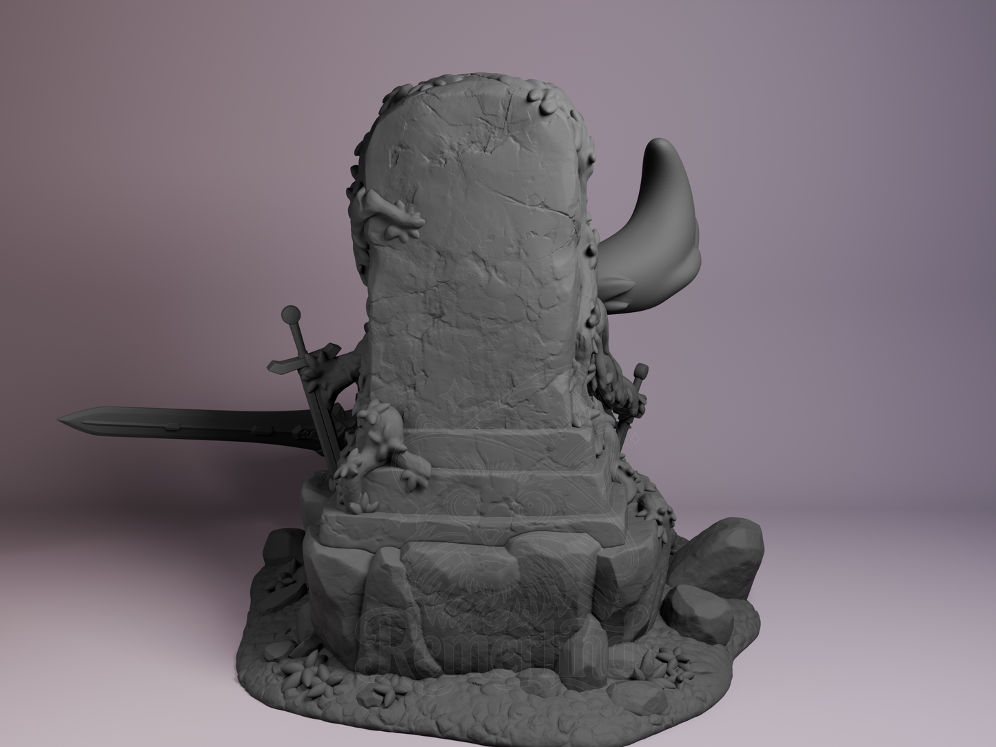 Back-left angle highlighting tail curve and ruins behind the gravestone.