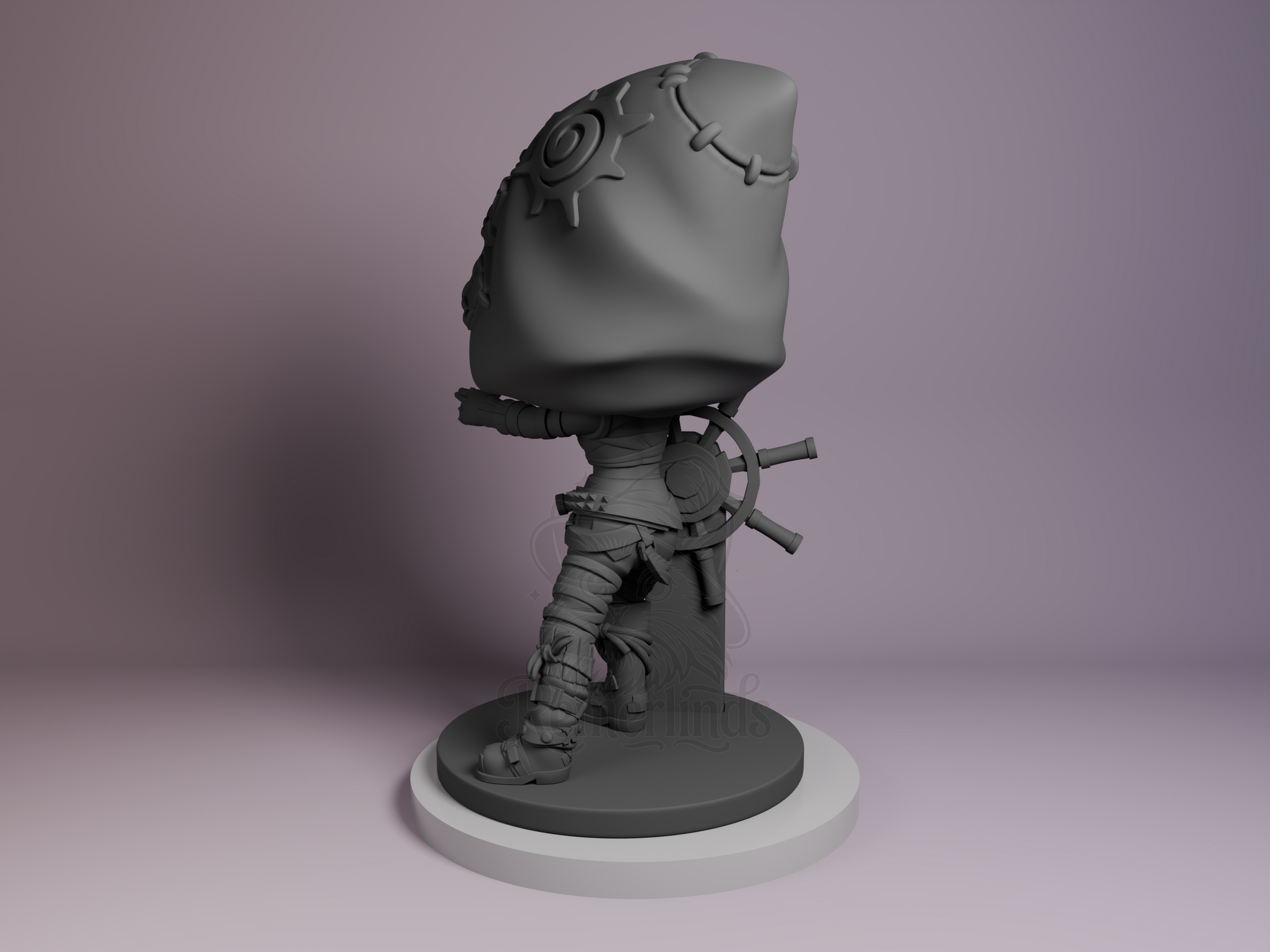 Back-left angle showing hood texture, hair strands, and weapon grip detail.