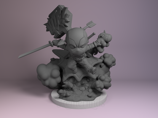Deadpool 3D printed resin Chibi by Nomnom Figures, unpainted front view showing Deadpool leaping with sword, hammer, and plushie.