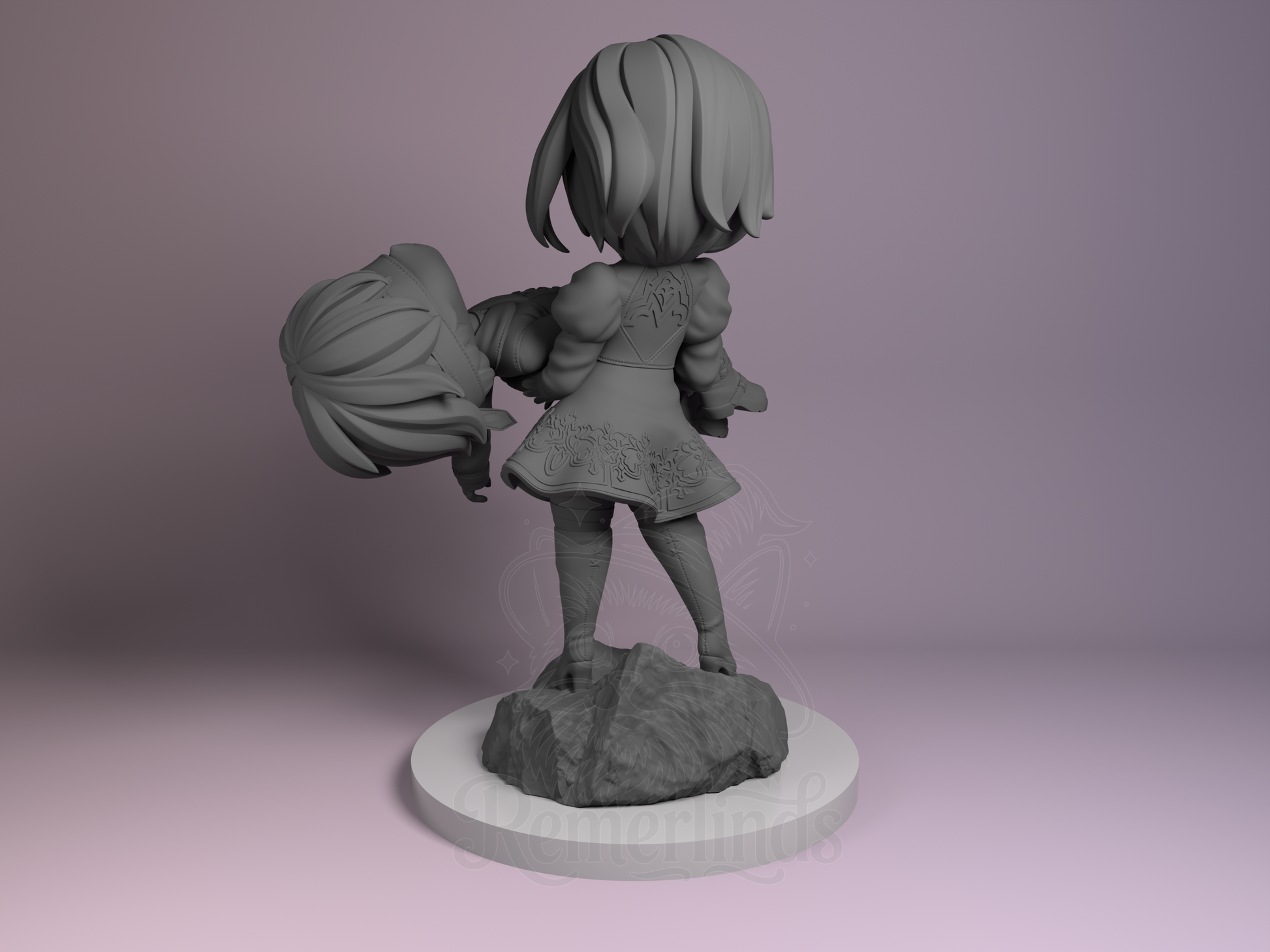 Back-left angle showing hair sculpt and base texture of 2B and 9S.