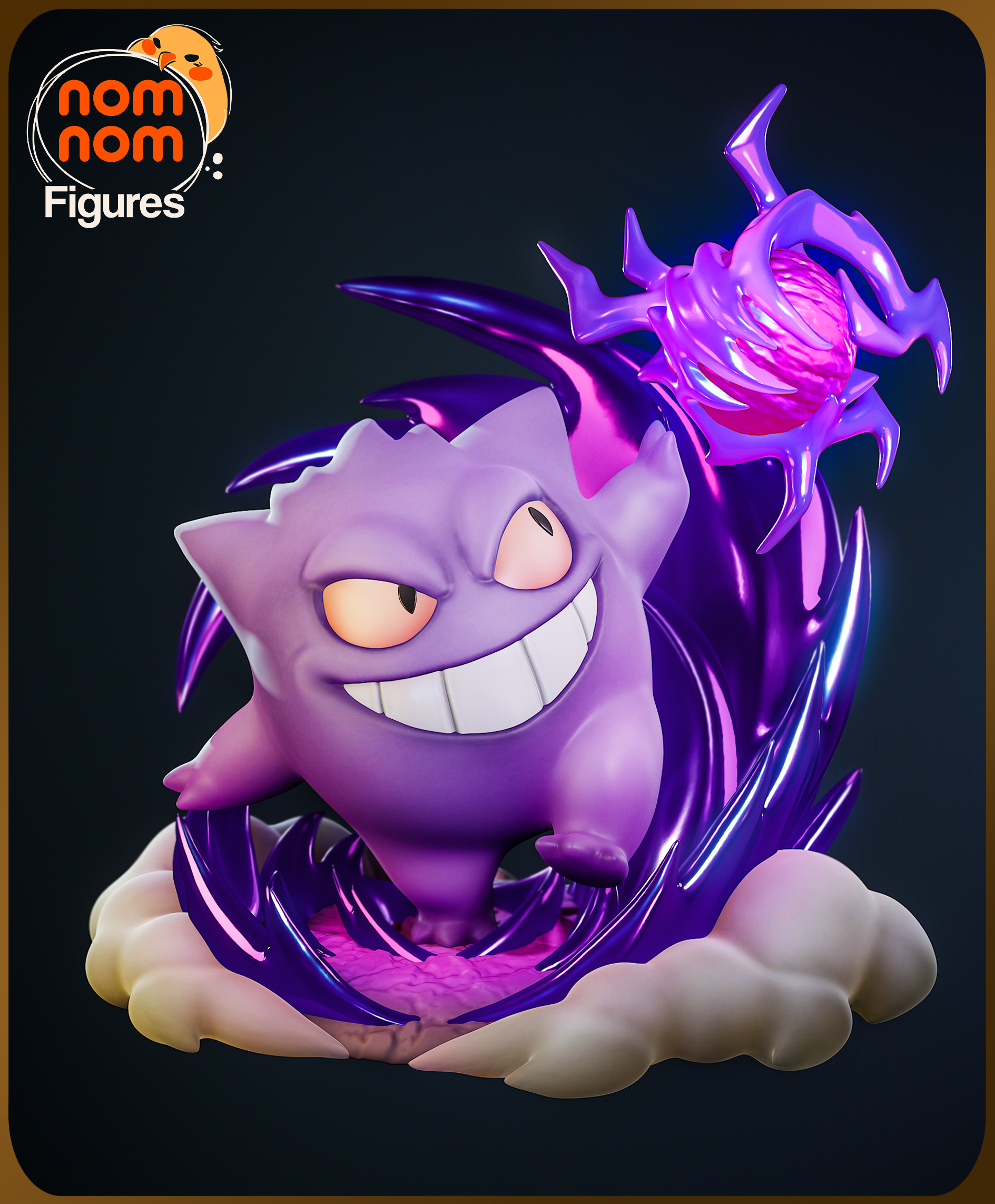 Fully painted sample of Chibi Gengar from Pokémon by Nomnom Figures, showing intended final look with glowing purple spell FX.