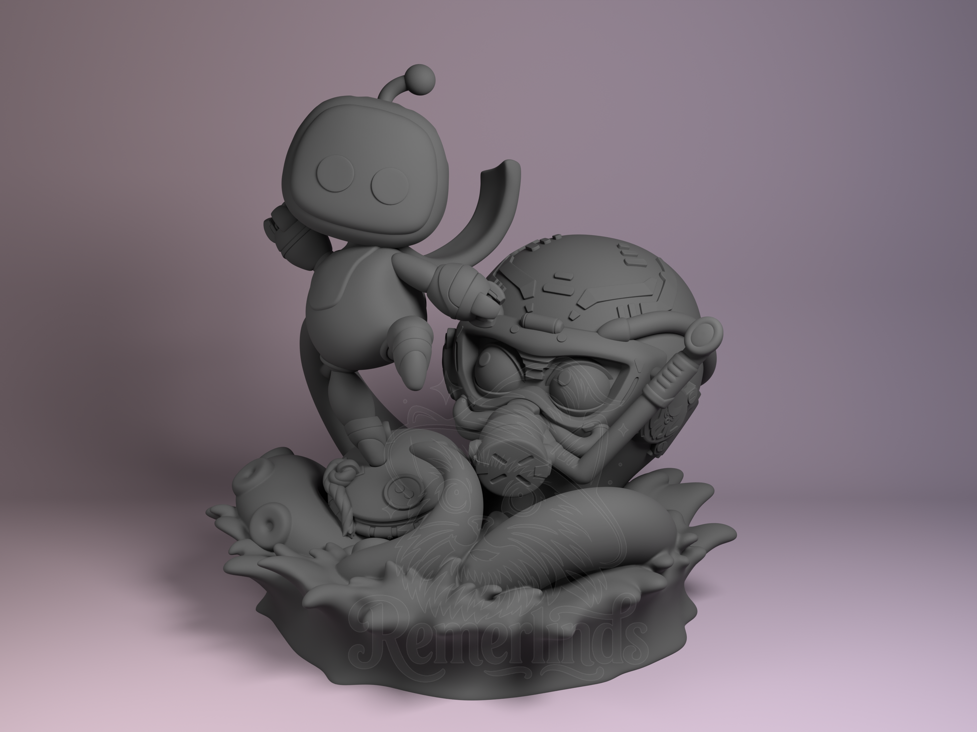 Astrobot 3D printed resin Chibi by Nomnom Figures, unpainted front view showing cheerful robot with larger mechanical companion.
