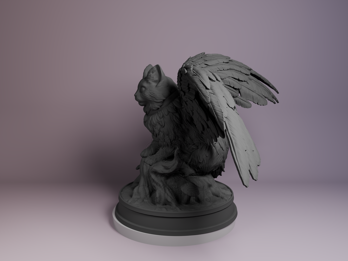 Left side angle capturing raised wing joint, tree growth patterns, and cat body contour.