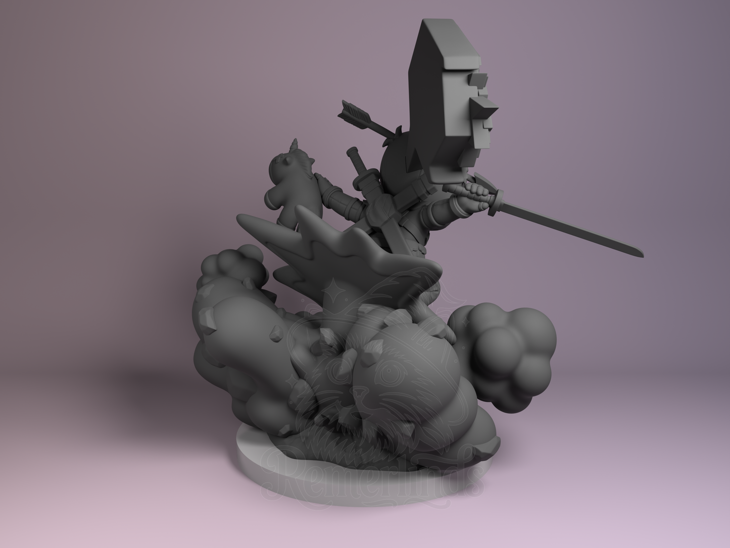 Rear view showing weapon harness, base texture, and cape fold.