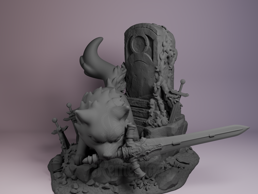 Great Grey Wolf Sif Dark Souls 3D printed resin Chibi by Nomnom Figures, unpainted front view showing wolf holding sword before gravestone.