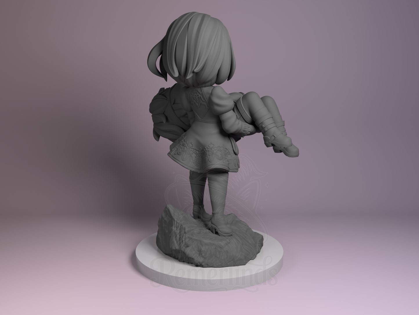 Rear view showing 2B’s outfit design, hair flow, and terrain base.