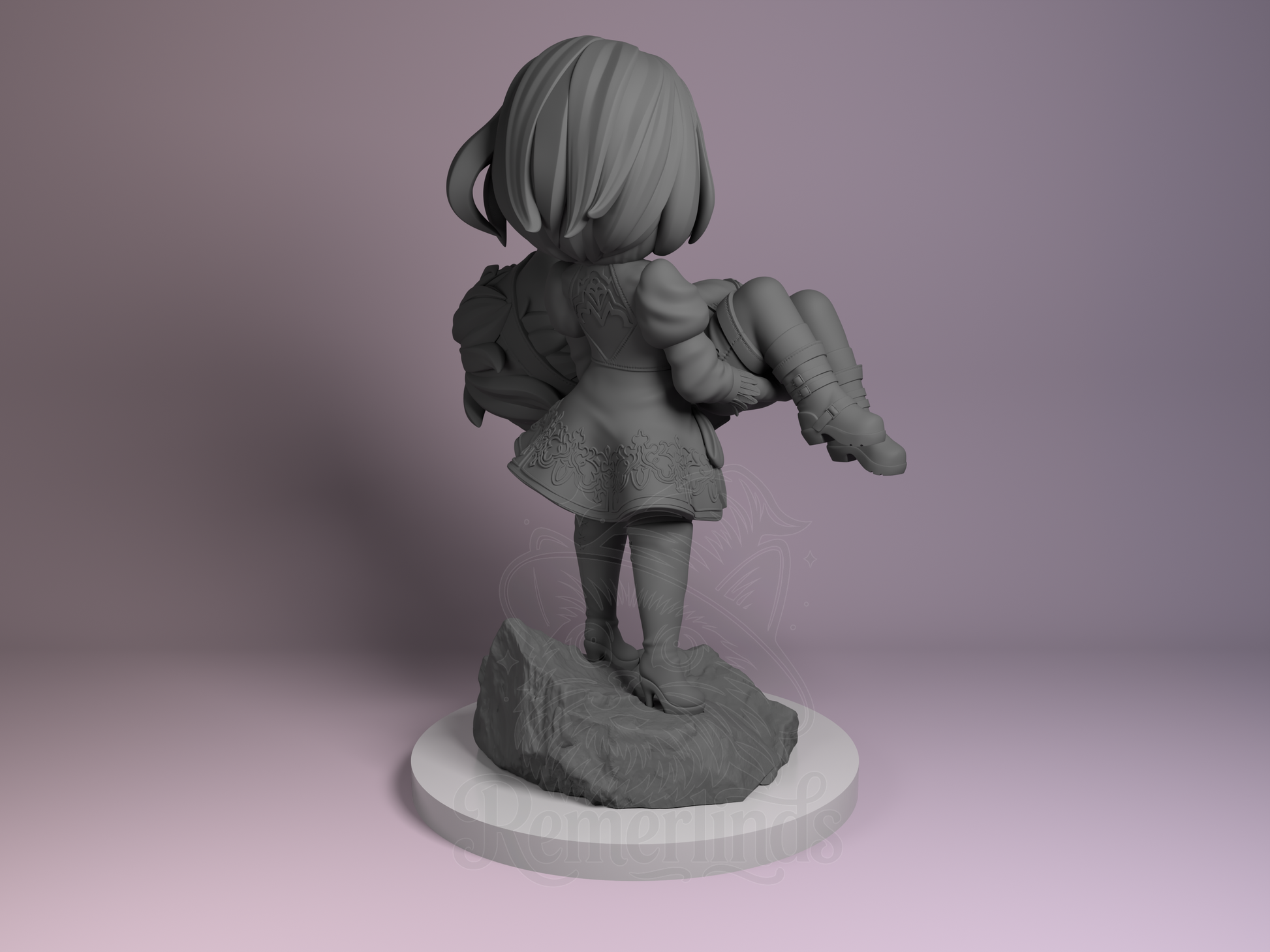 Rear view showing 2B’s outfit design, hair flow, and terrain base.