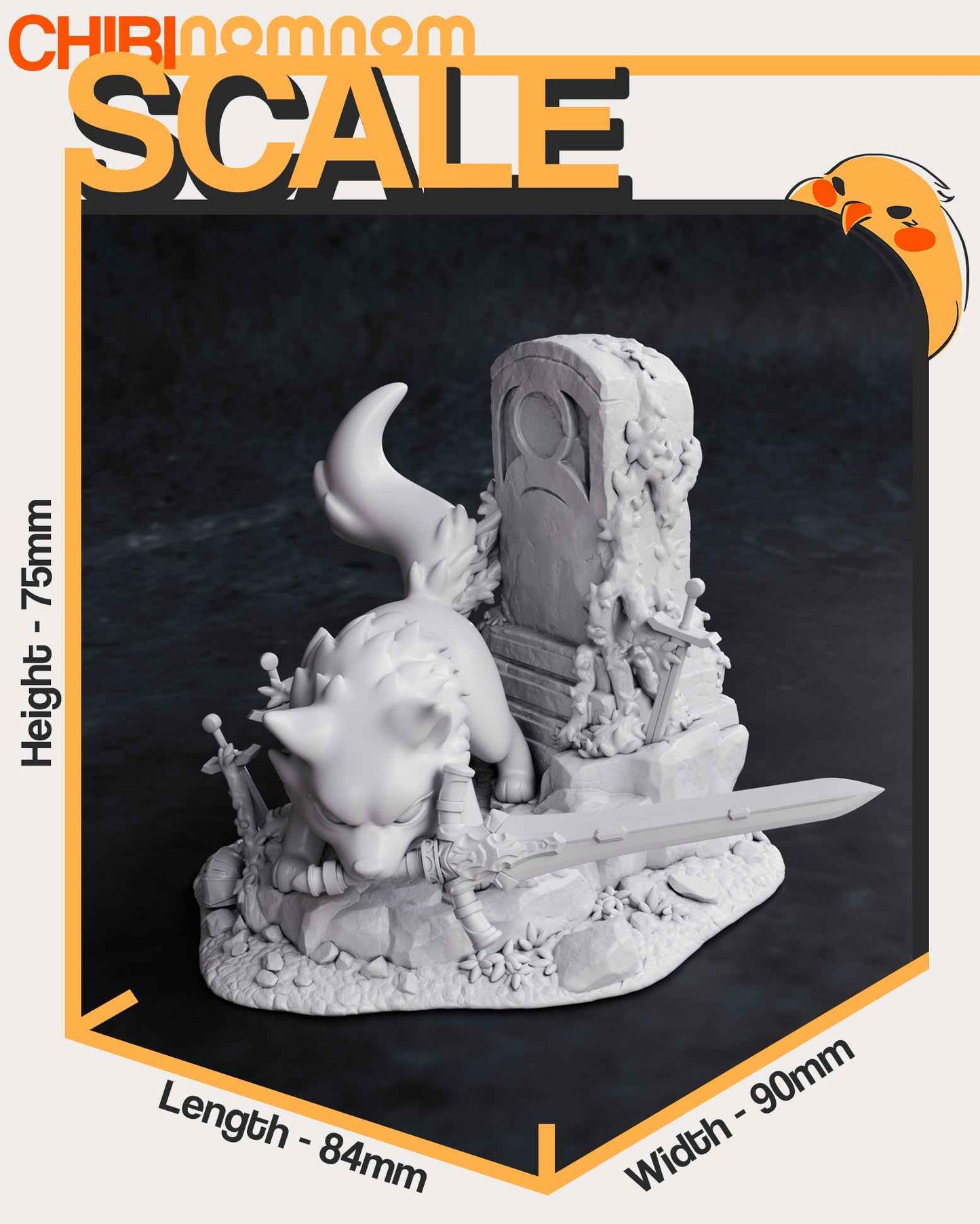 Parts and size reference image showing wolf, sword, gravestone, and base components.