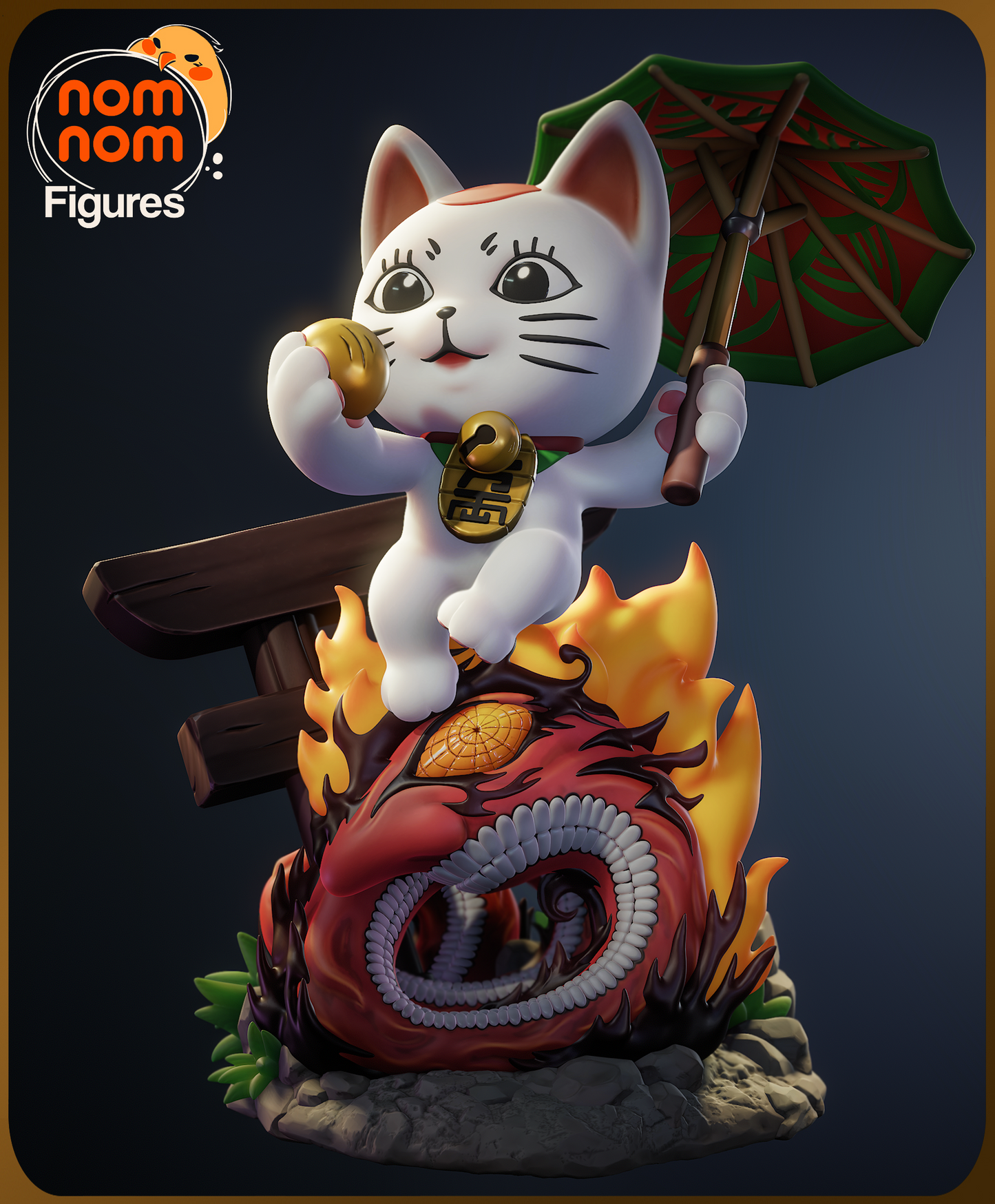 Fully painted sample of Chibi Turbo Granny Cat from Dandadan by Nomnom Figures, showing intended final painted look with vivid base and parasol colors.