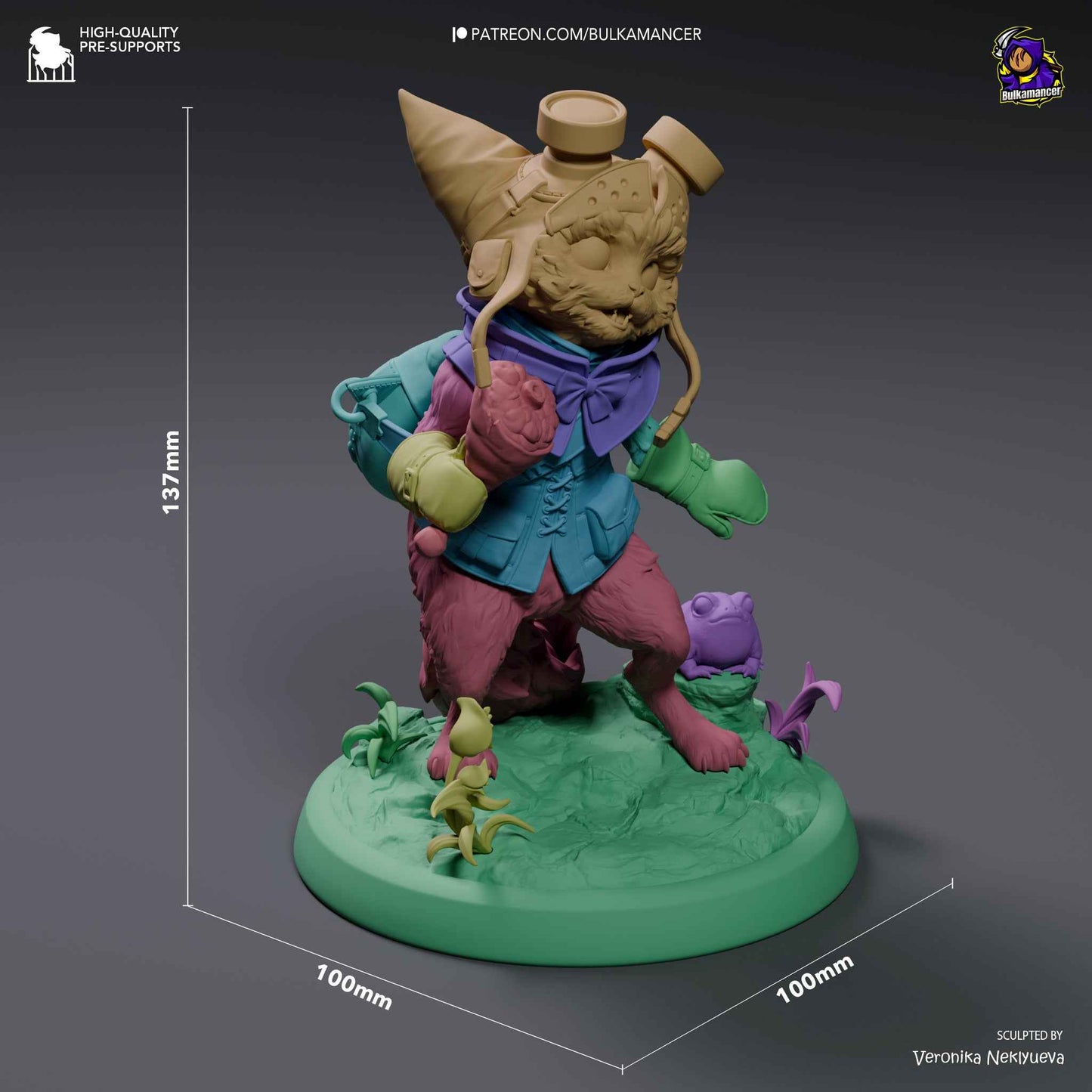 Parts and size reference image showing base, Palico body, and toad accessory, clearly illustrating the model’s scale and overall height.