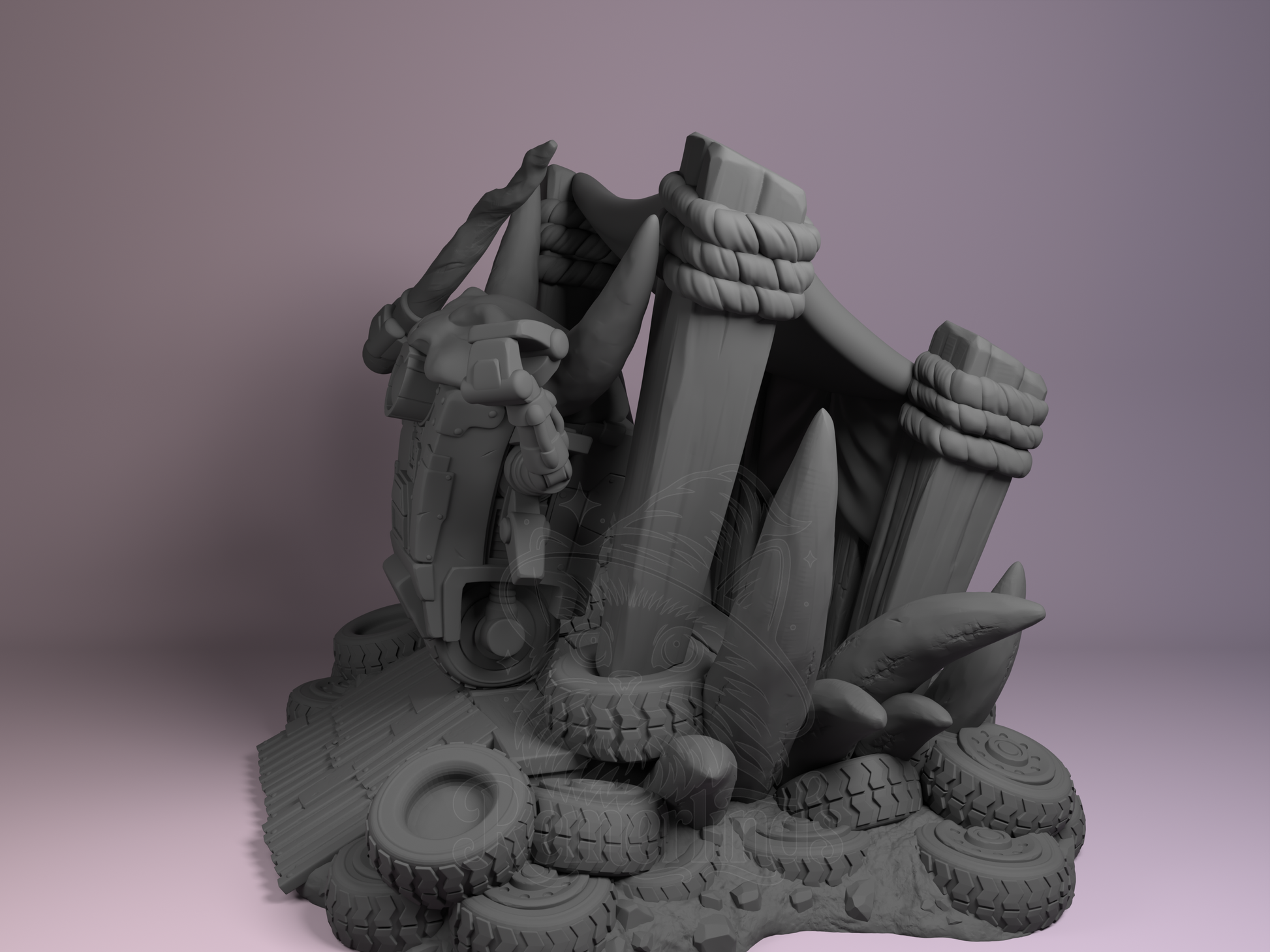 Left side view emphasizing arm joints and barricade texture.