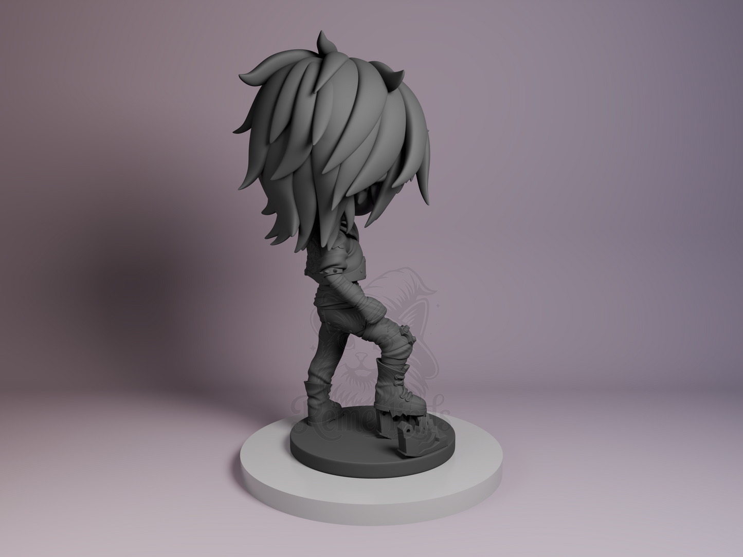 Rear view showing jacket seam lines, hair sculpt layers, and figure balance on base.