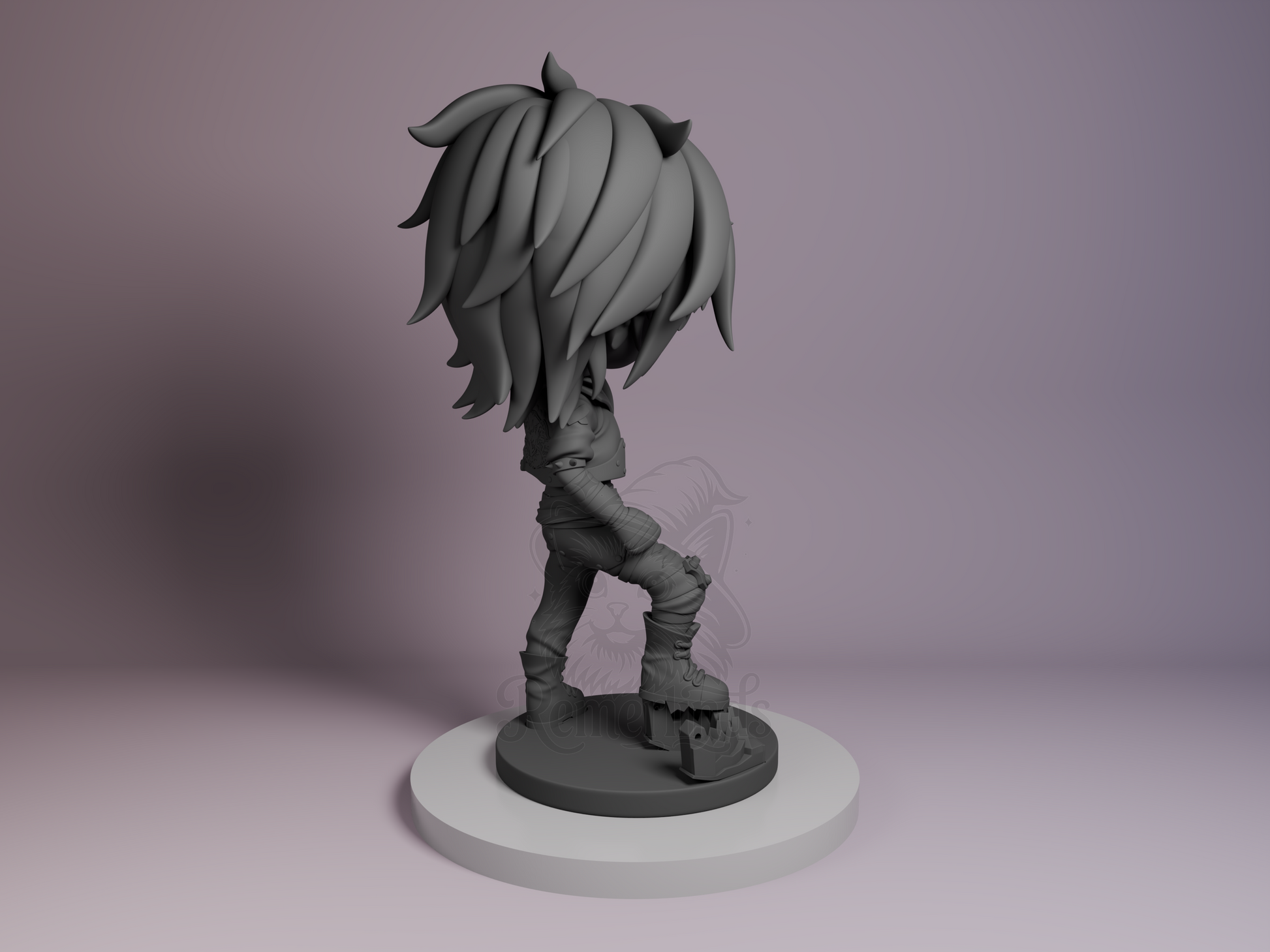 Rear view showing jacket seam lines, hair sculpt layers, and figure balance on base.