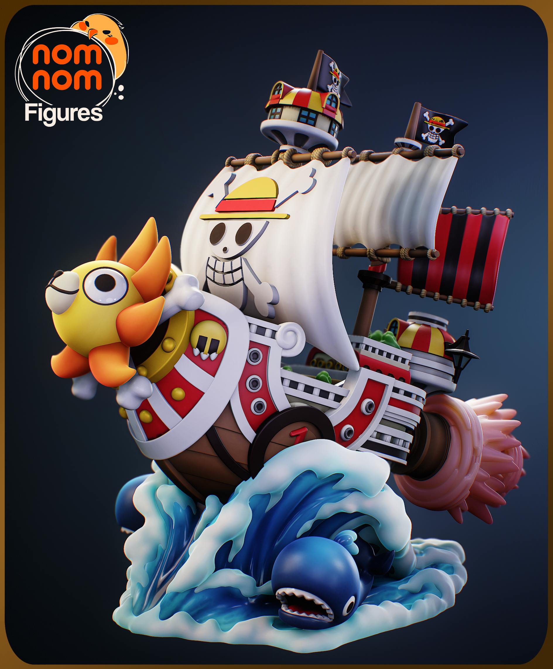 Fully painted sample of Chibi Thousand Sunny from One Piece by Nomnom Figures, showing intended final display look with blue water and orange flame FX.