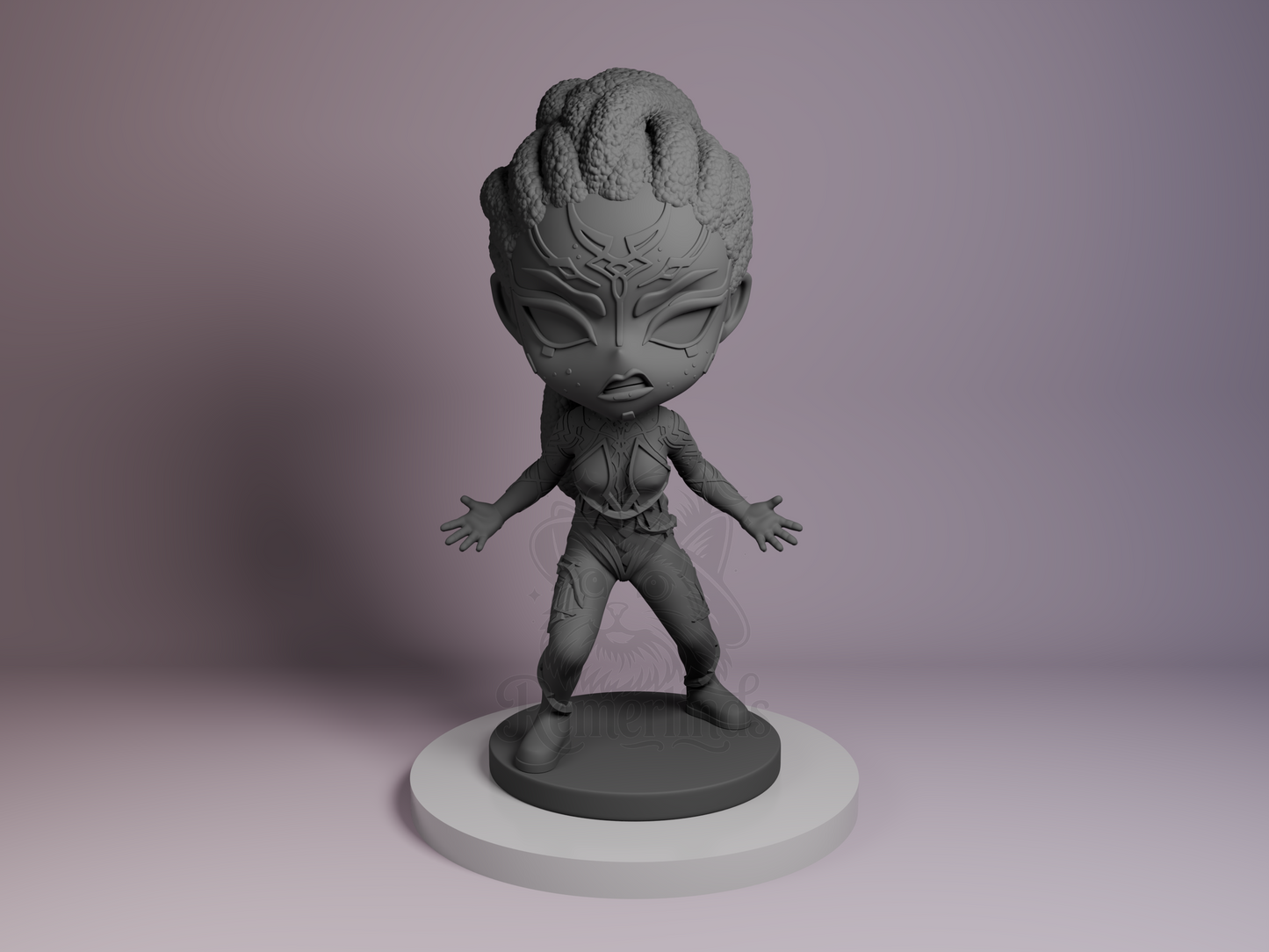 Chibi Mel Arcane resin figure by Bulkamancer, unpainted front view showing regal pose with outstretched arms and ornate outfit details.