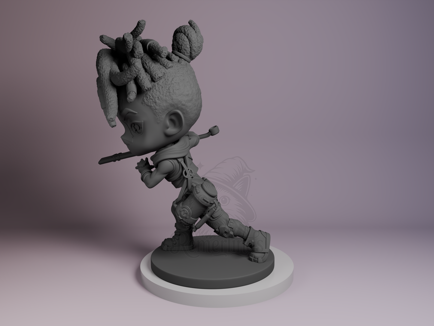 Left side angle showing weapon blade detail and back hair volume.
