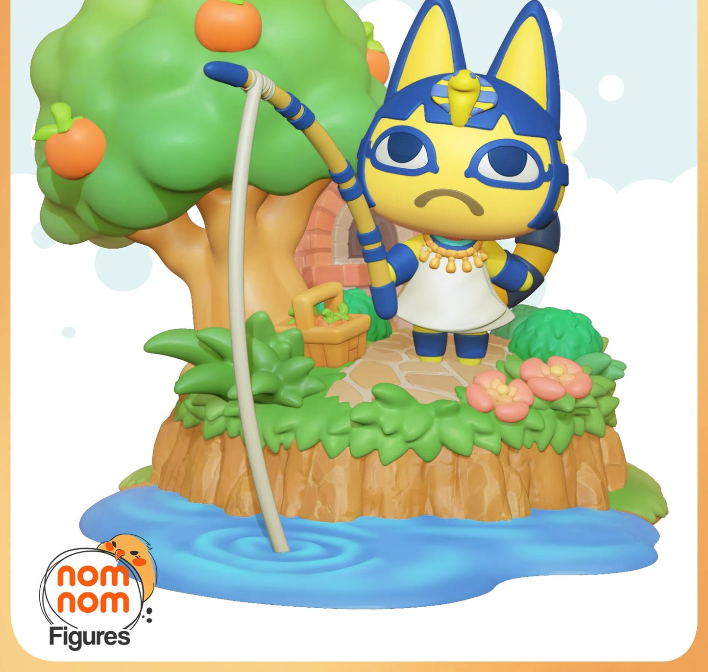 A figurine of a character from the video game NOM Nom, specifically Egyptian, standing on a small island with a fishing rod and surrounded by a tree and water.