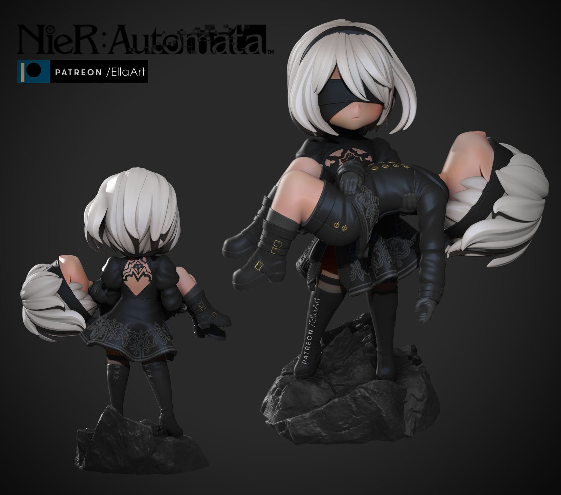 Fully painted sample of 2B and 9S from Nier Automata by Nomnom Figures, showing intended final look for display reference.