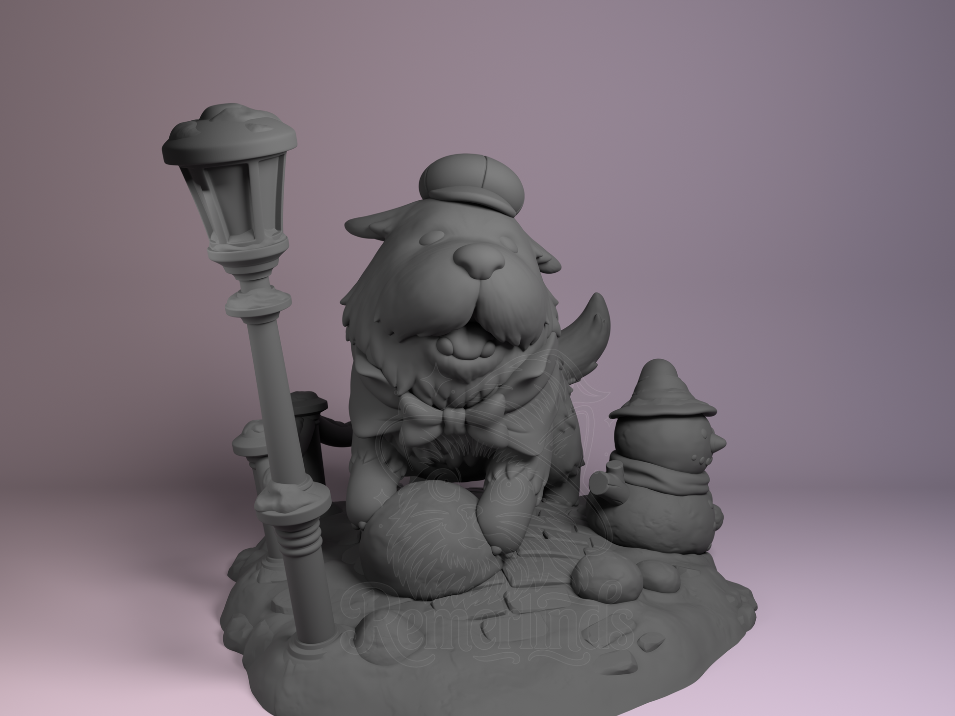 Bond Spy Family 3D printed resin Chibi by Nomnom Figures, unpainted front view showing Bond sitting beside lamp post and snowman.